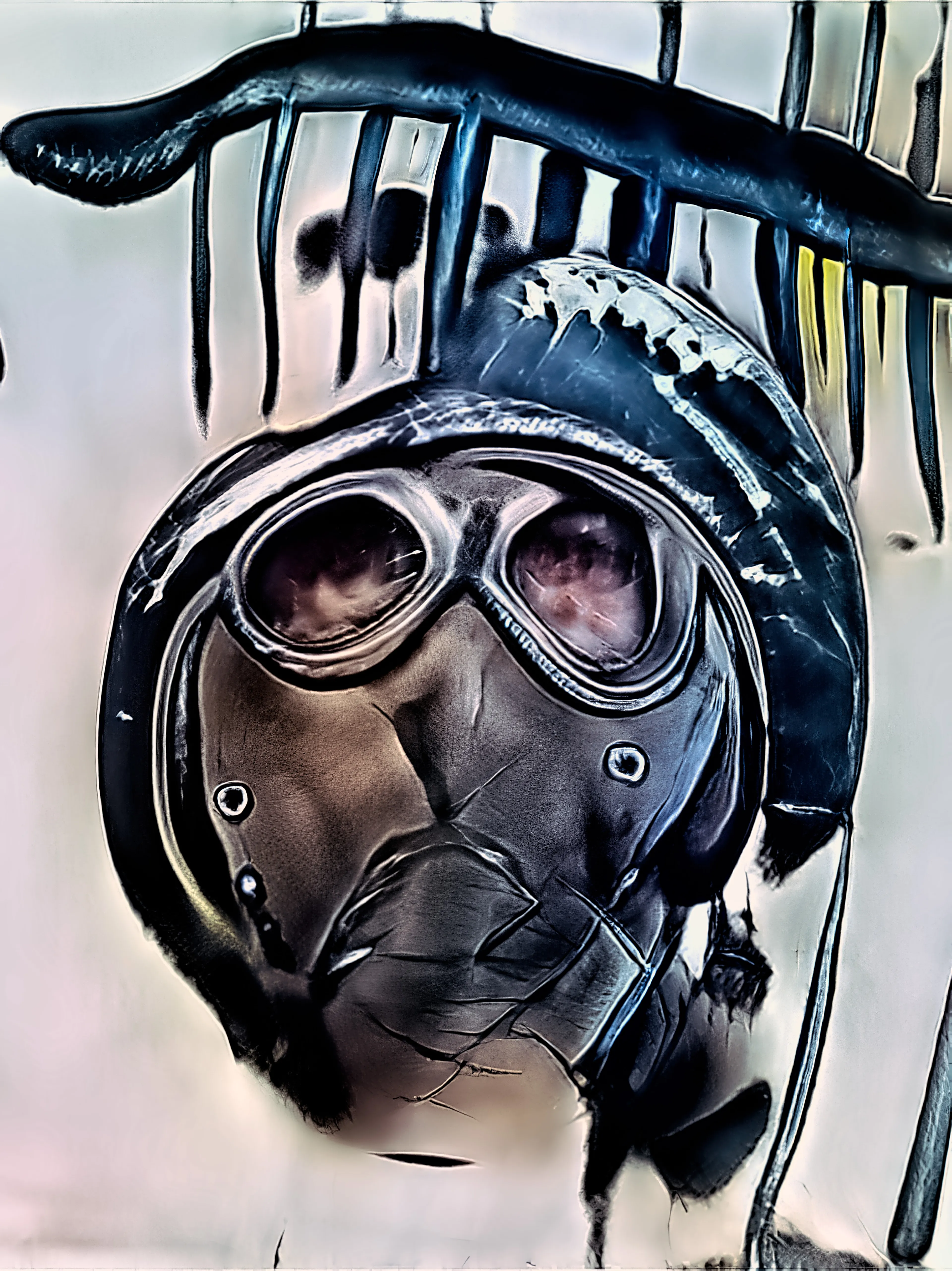 Gas masks, clocks - tick tock - a masked face appears as a clock protected from the gas of subjugation - is the end near? 
One of a series created from images of gas masks created for South Korean exhibition and art contest.
Medium is artificial intelligence / machine learning.