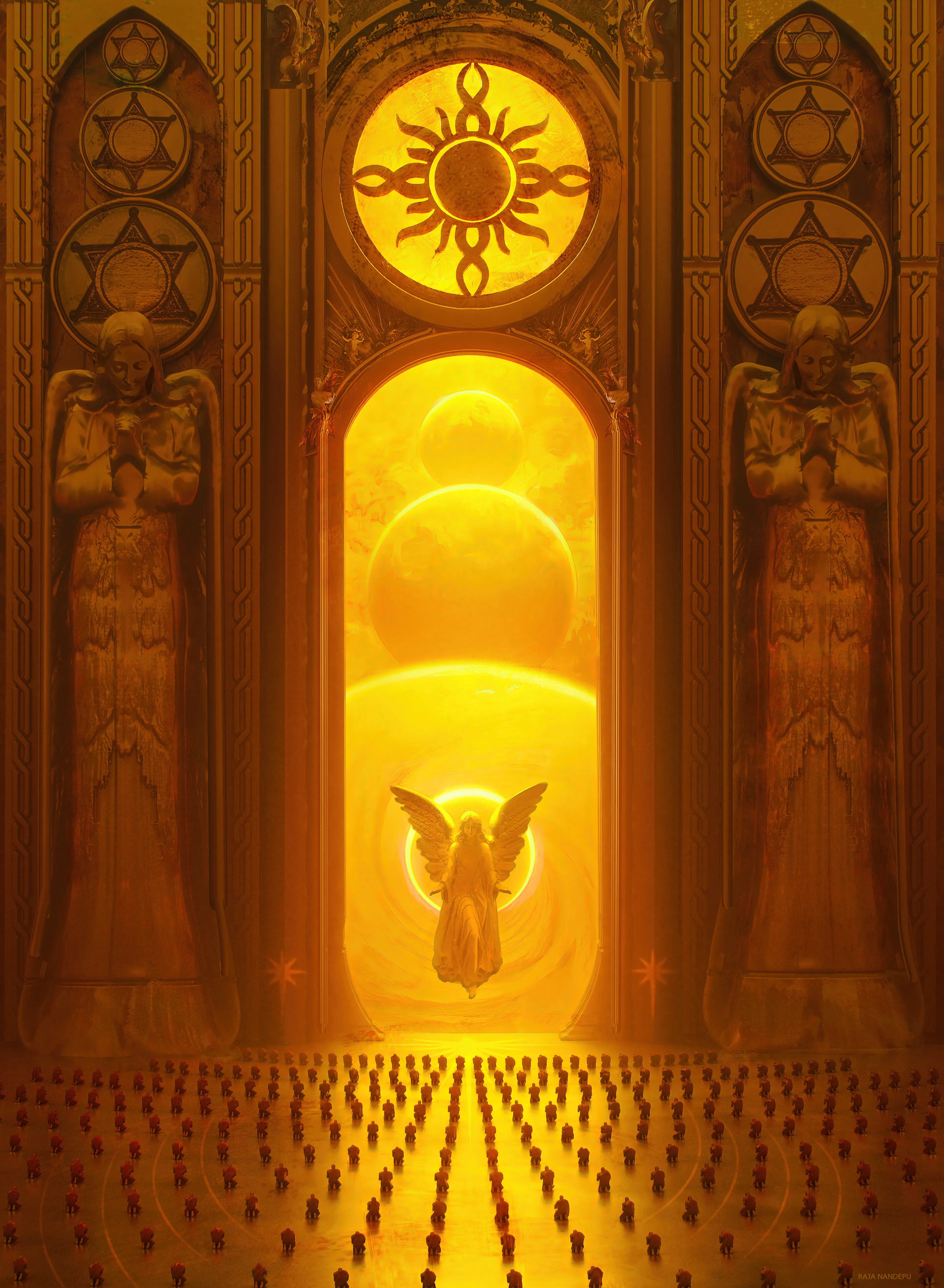 When moons align  - the Guardian Angel  appears !
this image is  part of  the series  -    8000 B.C (Before crypto)  
 
The  timeline  marks the beginning of the new age  Cryptolithic  in an alternate fantasy fictional world !
The key moments revolve around Magic , Sprits  and Celestial events !