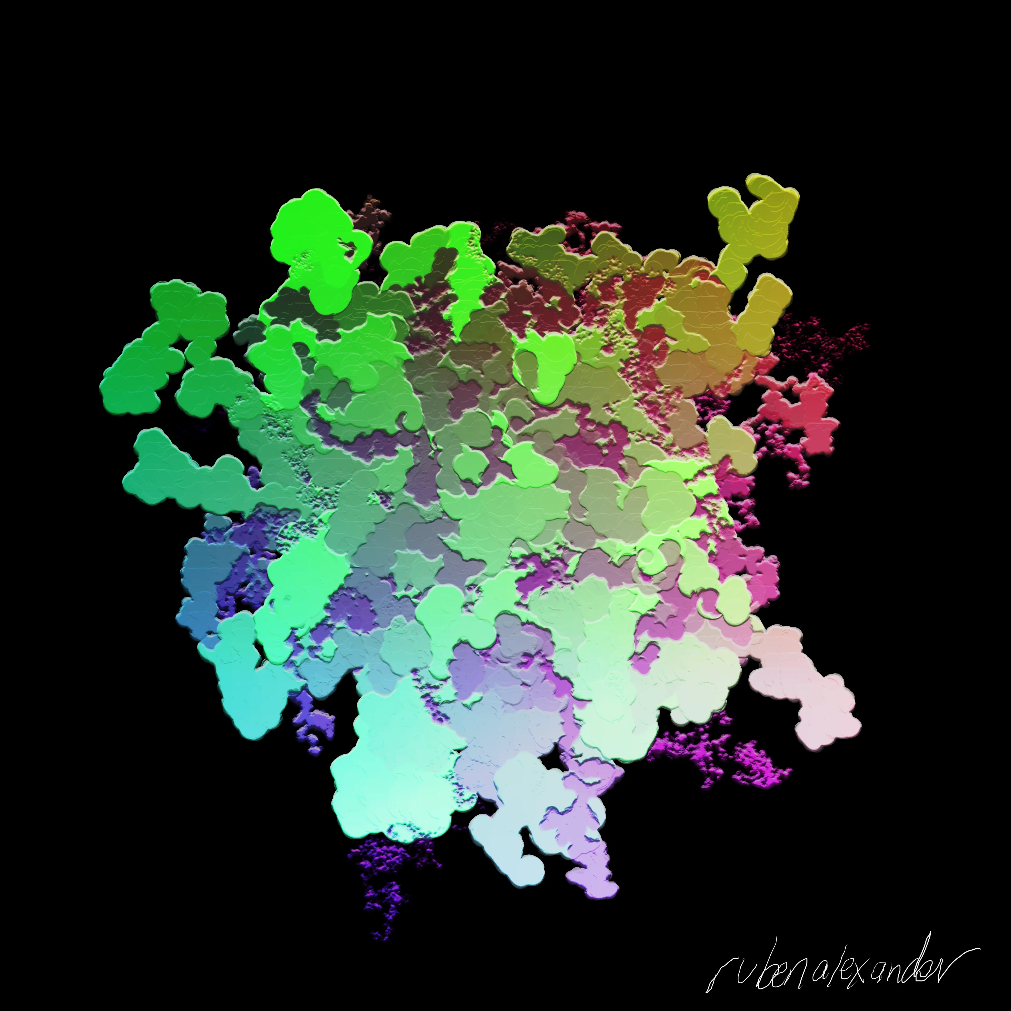 4000px x 4000px

The movements of the circles in this code are based on a simple premise that the equation random(1) - random(1) will only sometimes yield zero. When this difference is added to the x and y positions it generates very lovely organic movements. 

This was created for the RAREART2 Festival NY tokenized sticker contest.