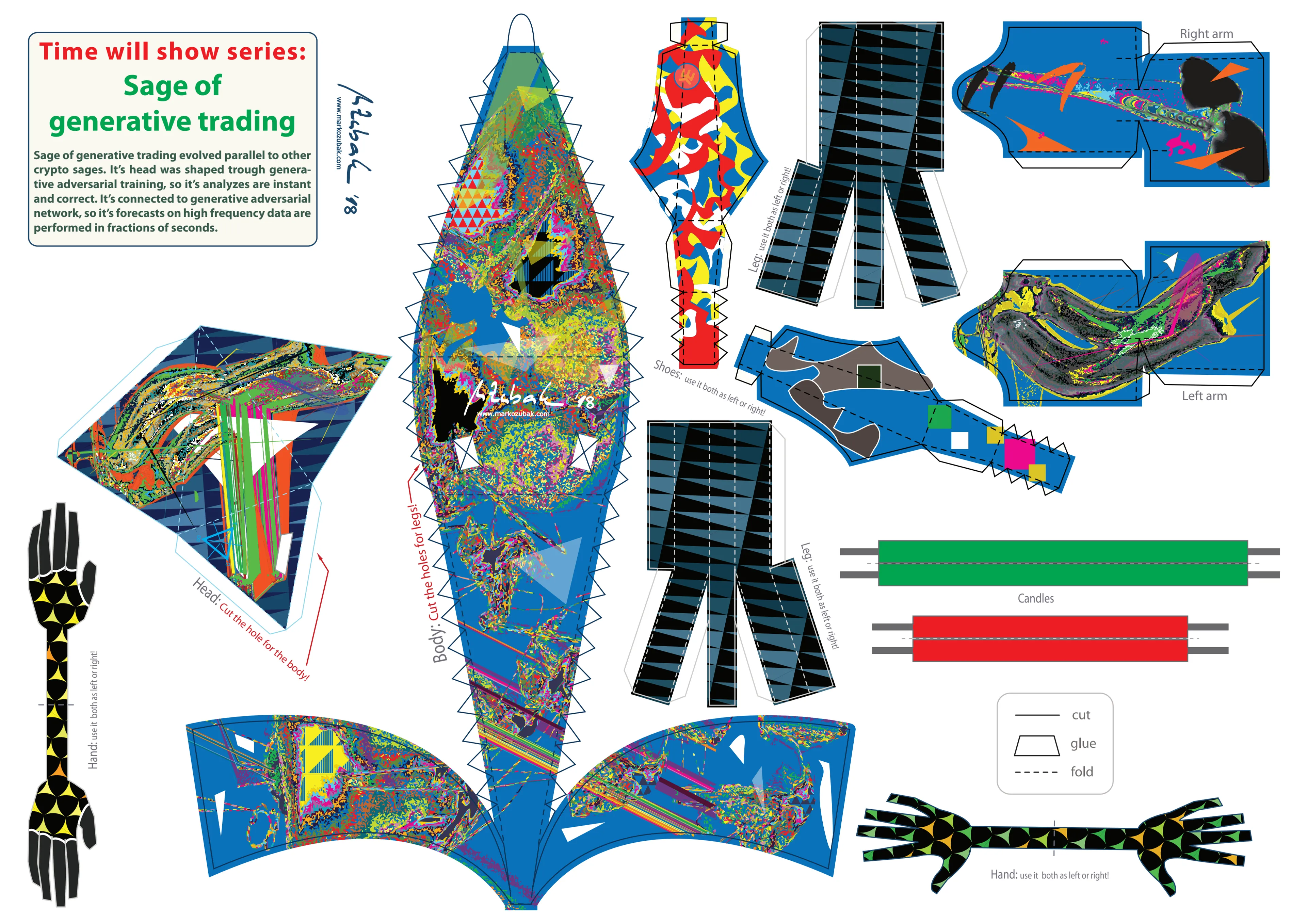 "Sage of generative trading" is sixth paper toy from the "Time will show" series, inspired by blockchain, cryptocurrencies, generative art and AI. 
The Sage of generative trading evolved parallel to other crypto sages. It’s head was shaped trough generative adversarial training, so it’s analyzes are instant and correct. It’s connected to generative adversarial network, so it’s forecasts on high frequency data are performed in fractions of seconds.
 When you purchase it, you'll get the proof of ownership on the blockchain, with exclusive access to pdf file containing it's visual code, which, in order to materialize, has to be printed, cut out and constructed. Check out www.markozubak.com for FREE paper toys and to better understand my artistic activity!