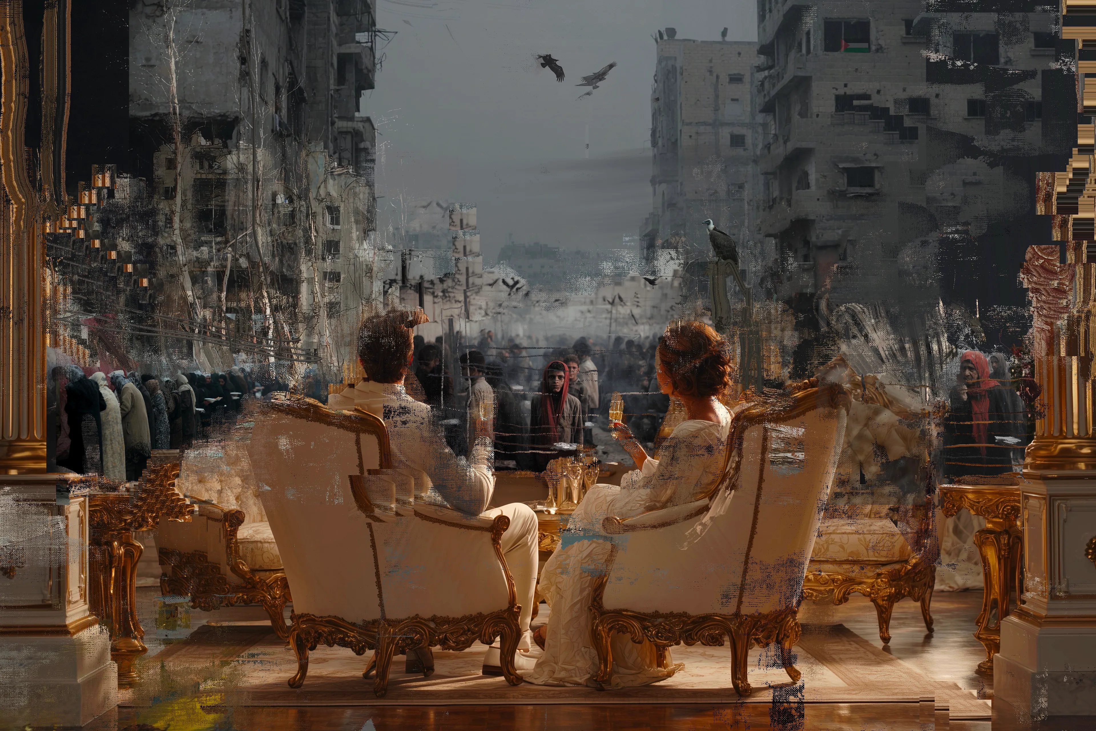 Gold leaf frames the apocalypse. In this second instalment of Living Room Extravaganza, the fantasy of separation collapses entirely. A couple, dressed in bridal whites and imperial smugness, recline in their palatial salon — crystal flutes in hand, velvet underfoot, chandeliers above — while Gaza starves right in front of them. Not metaphorically. Literally. The ruin is no longer on the screen. It is the view.

The scene outside their salon windows is not just destruction — it is starvation, displacement, surveillance, and grief. Rows of human beings, wrapped in blankets, shiver through dust-thick air beneath bombed-out towers. A red-hooded child stands at the vanishing point, not pleading, but witnessing. Staring. The look is not accusatory. It’s worse — it’s tired.

And yet, the couple toasts. As if nothing were happening. As if this were simply another evening in the golden age of forgetting.

The Banquet of Indifference cuts deeper than irony. It exposes a world where atrocity and affluence not only coexist — they lean on each other. The famine outside props up the fantasy inside. The destruction of Gaza, flattened and filtered, becomes an aesthetic backdrop. The war is real. The room is curated. The two worlds share the same air, and yet never touch.

This is no allegory. It is documentation of the grotesque moment we inhabit — a time where people literally starve to death in front of gilded walls, and the response is a polite sip of champagne.

There is no fourth wall left to break. You are already inside.