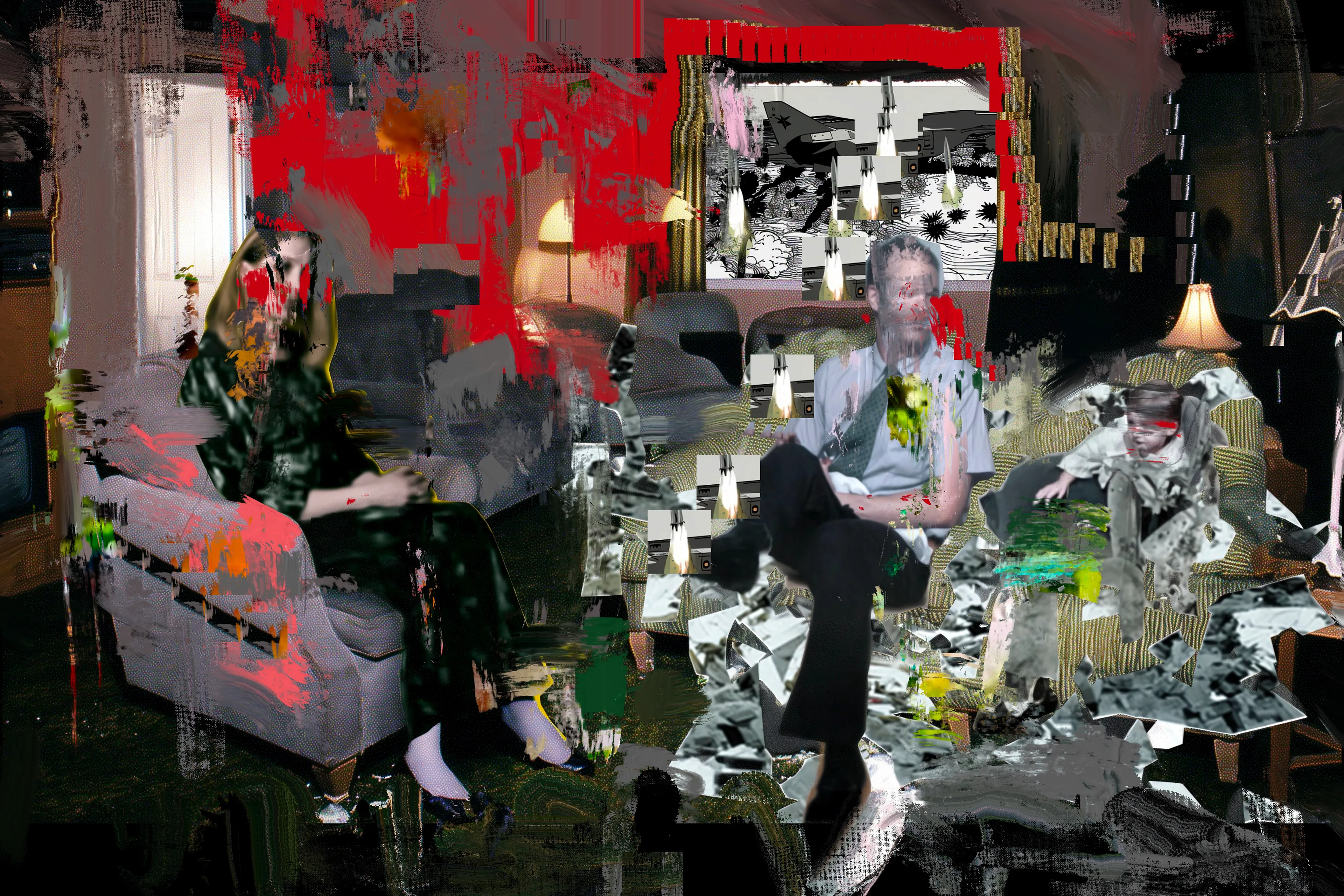 "Living Room Extravaganza" by Harman is a groundbreaking project that combines AI and digital painting in an innovative way to create a series of compelling compositions. These works juxtapose armchair spectators within their domestic settings against the backdrop of war and conflict outside their walls, offering a powerful commentary on contemporary life. The project explores the unsettling dissonance between the serene comfort of home and the chaotic reality beyond, symbolizing our collective desensitization to global events. By contrasting the tranquility of domesticity with the turbulence of external conflict, Harman captures the existential challenges of our times. This project underscores the difficulty of distinguishing between the simulated and the authentic, and the broadcasted spectacle from lived experience. "Living Room Extravaganza" not only reflects our detachment from the visceral and immediate but also raises profound questions about the nature of reality in an age where virtual and actual worlds often blur. Through these thought-provoking compositions, Harman invites viewers to confront their own perceptions and the increasingly complex fabric of modern existence.
