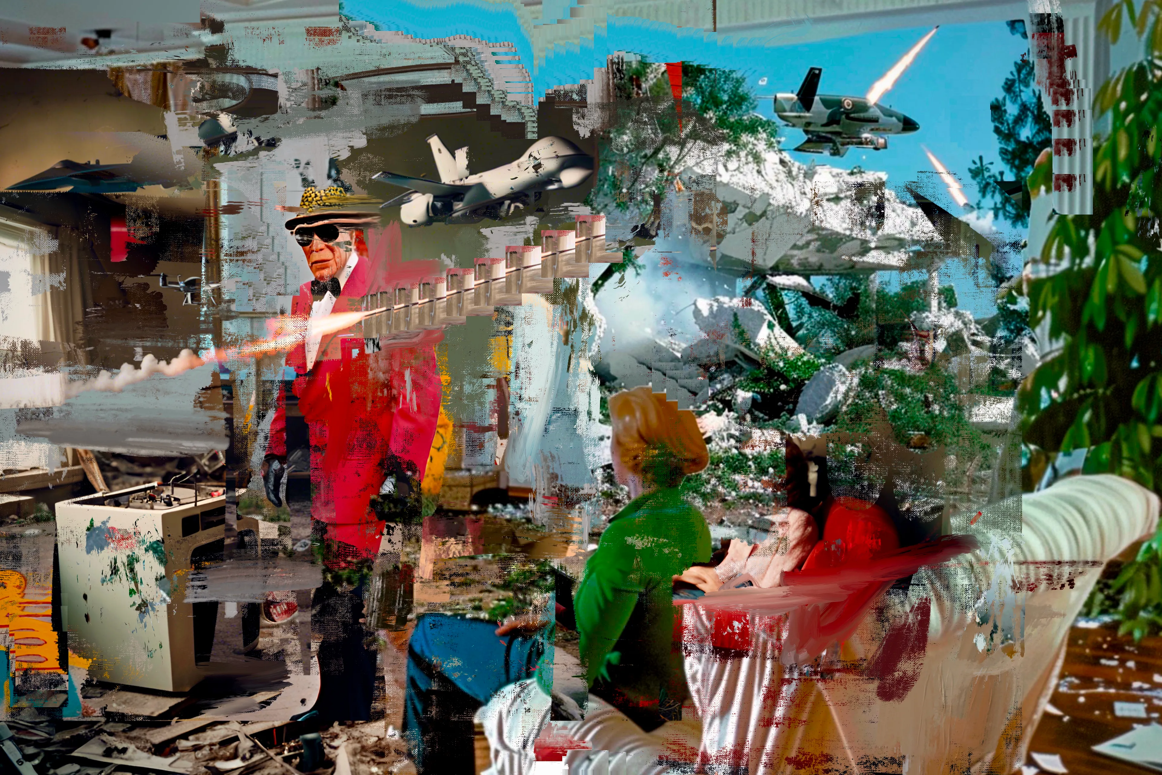 "Living Room Extravaganza" by Harman is a groundbreaking project that combines AI and digital painting in an innovative way to create a series of compelling compositions. These works juxtapose armchair spectators within their domestic settings against the backdrop of war and conflict outside their walls, offering a powerful commentary on contemporary life. The project explores the unsettling dissonance between the serene comfort of home and the chaotic reality beyond, symbolizing our collective desensitization to global events. By contrasting the tranquility of domesticity with the turbulence of external conflict, Harman captures the existential challenges of our times. This project underscores the difficulty of distinguishing between the simulated and the authentic, and the broadcasted spectacle from lived experience. "Living Room Extravaganza" not only reflects our detachment from the visceral and immediate but also raises profound questions about the nature of reality in an age where virtual and actual worlds often blur. Through these thought-provoking compositions, Harman invites viewers to confront their own perceptions and the increasingly complex fabric of modern existence.