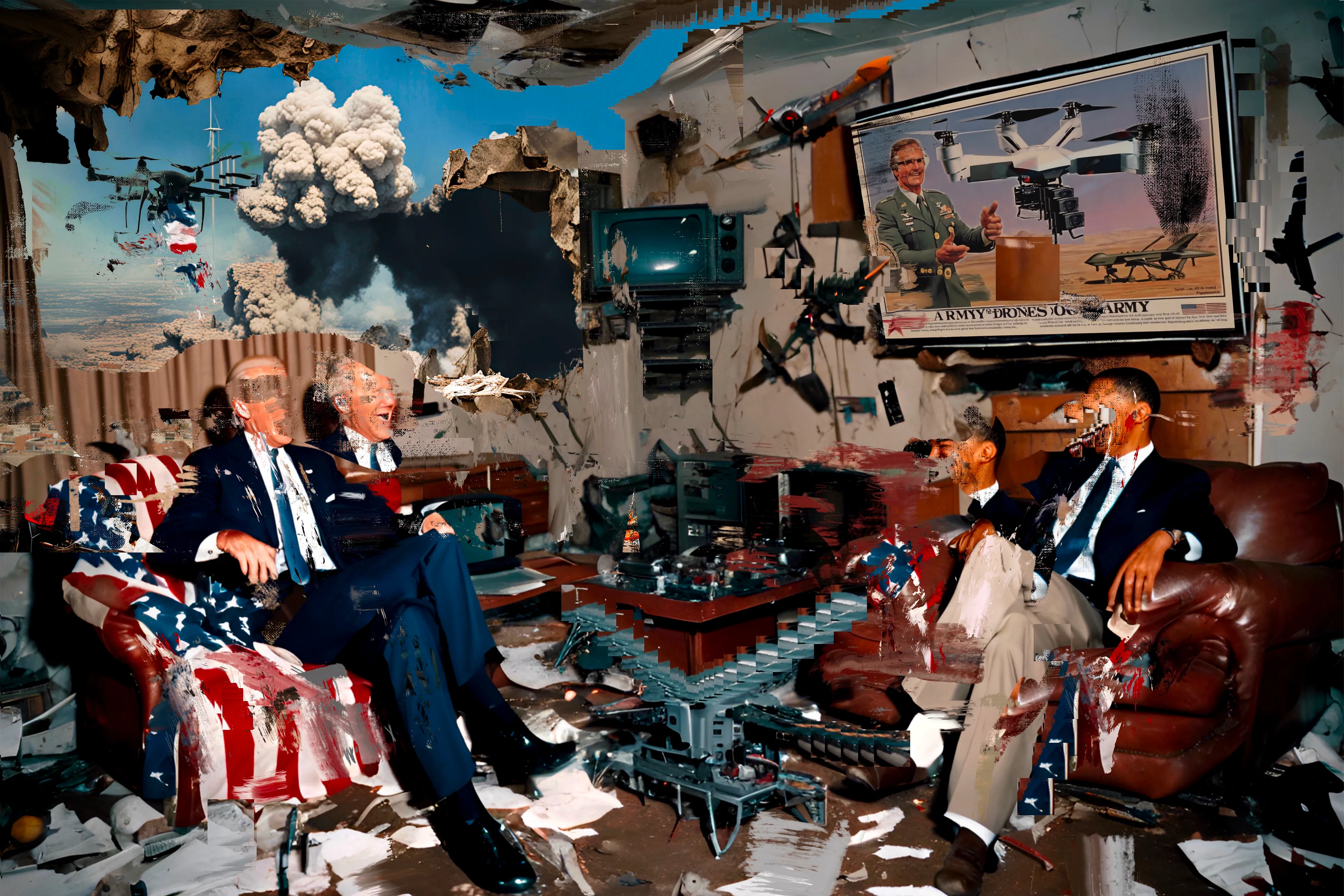 "Living Room Extravaganza" by Harman is a groundbreaking project that combines AI and digital painting in an innovative way to create a series of compelling compositions. These works juxtapose armchair spectators within their domestic settings against the backdrop of war and conflict outside their walls, offering a powerful commentary on contemporary life. The project explores the unsettling dissonance between the serene comfort of home and the chaotic reality beyond, symbolizing our collective desensitization to global events. By contrasting the tranquility of domesticity with the turbulence of external conflict, Harman captures the existential challenges of our times. This project underscores the difficulty of distinguishing between the simulated and the authentic, and the broadcasted spectacle from lived experience. "Living Room Extravaganza" not only reflects our detachment from the visceral and immediate but also raises profound questions about the nature of reality in an age where virtual and actual worlds often blur. Through these thought-provoking compositions, Harman invites viewers to confront their own perceptions and the increasingly complex fabric of modern existence.