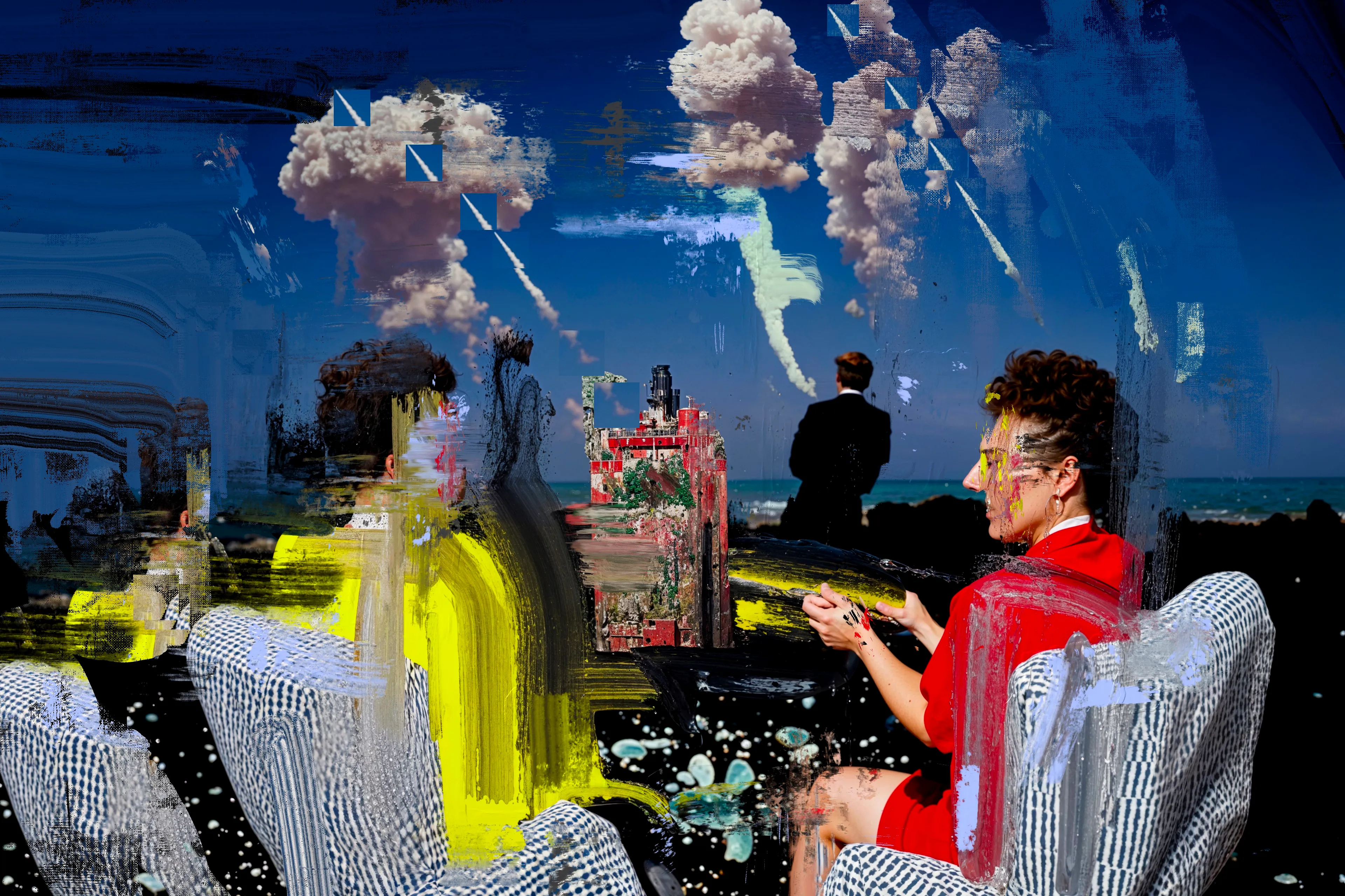 "Living Room Extravaganza" by Harman is a groundbreaking project that combines AI and digital painting in an innovative way to create a series of compelling compositions. These works juxtapose armchair spectators within their domestic settings against the backdrop of war and conflict outside their walls, offering a powerful commentary on contemporary life. The project explores the unsettling dissonance between the serene comfort of home and the chaotic reality beyond, symbolizing our collective desensitization to global events. By contrasting the tranquility of domesticity with the turbulence of external conflict, Harman captures the existential challenges of our times. This project underscores the difficulty of distinguishing between the simulated and the authentic, and the broadcasted spectacle from lived experience. "Living Room Extravaganza" not only reflects our detachment from the visceral and immediate but also raises profound questions about the nature of reality in an age where virtual and actual worlds often blur. Through these thought-provoking compositions, Harman invites viewers to confront their own perceptions and the increasingly complex fabric of modern existence.