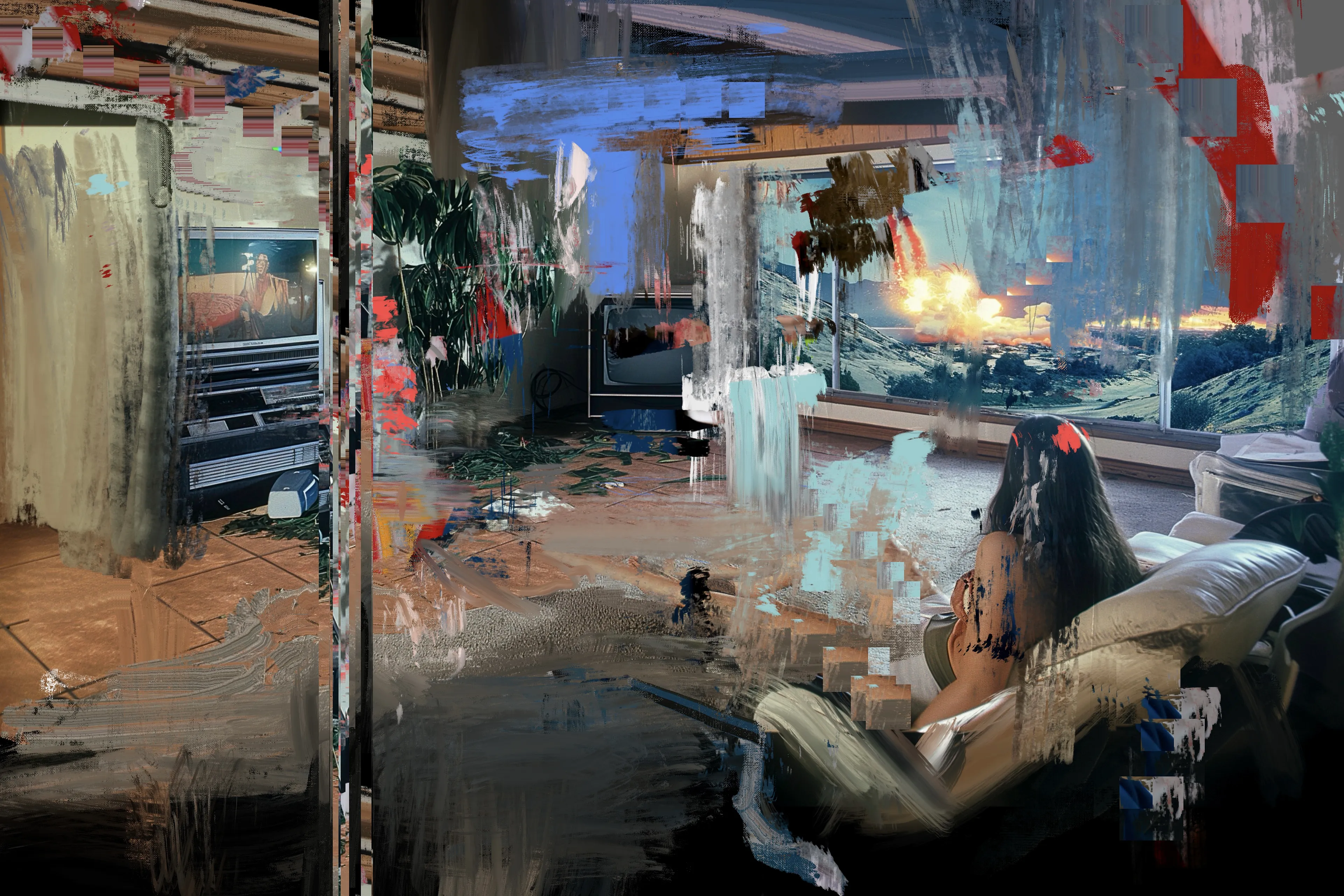 "Living Room Extravaganza" by Harman is a groundbreaking project that combines AI and digital painting in an innovative way to create a series of compelling compositions. These works juxtapose armchair spectators within their domestic settings against the backdrop of war and conflict outside their walls, offering a powerful commentary on contemporary life. The project explores the unsettling dissonance between the serene comfort of home and the chaotic reality beyond, symbolizing our collective desensitization to global events. By contrasting the tranquility of domesticity with the turbulence of external conflict, Harman captures the existential challenges of our times. This project underscores the difficulty of distinguishing between the simulated and the authentic, and the broadcasted spectacle from lived experience. "Living Room Extravaganza" not only reflects our detachment from the visceral and immediate but also raises profound questions about the nature of reality in an age where virtual and actual worlds often blur. Through these thought-provoking compositions, Harman invites viewers to confront their own perceptions and the increasingly complex fabric of modern existence.