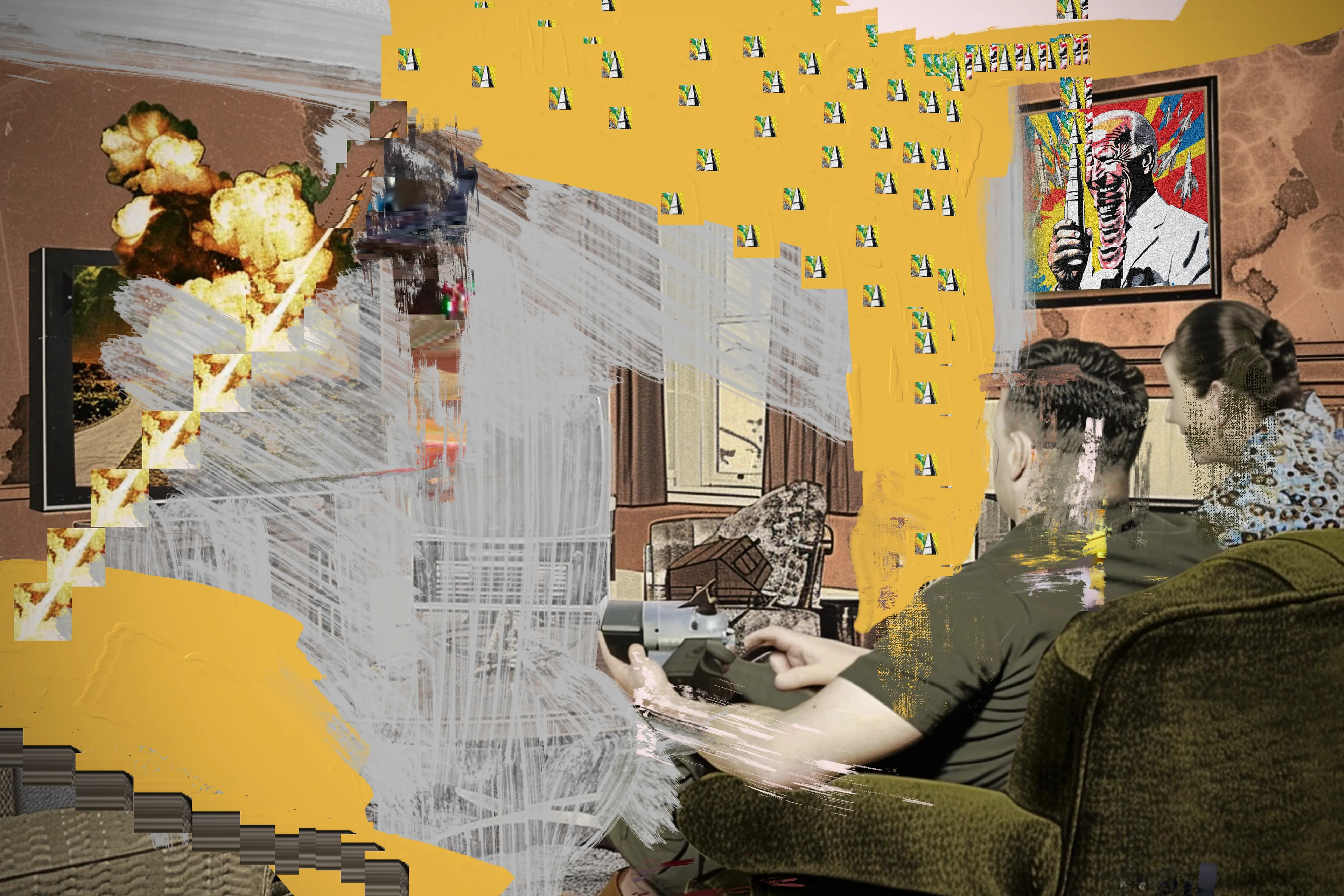 "Living Room Extravaganza" by Harman is a groundbreaking project that combines AI and digital painting in an innovative way to create a series of compelling compositions. These works juxtapose armchair spectators within their domestic settings against the backdrop of war and conflict outside their walls, offering a powerful commentary on contemporary life.


The project explores the unsettling dissonance between the serene comfort of home and the chaotic reality beyond, symbolizing our collective desensitization to global events. By contrasting the tranquility of domesticity with the turbulence of external conflict, Harman captures the existential challenges of our times. This project underscores the difficulty of distinguishing between the simulated and the authentic, and the broadcasted spectacle from lived experience.


"Living Room Extravaganza" not only reflects our detachment from the visceral and immediate but also raises profound questions about the nature of reality in an age where virtual and actual worlds often blur. Through these thought-provoking compositions, Harman invites viewers to confront their own perceptions and the increasingly complex fabric of modern existence.