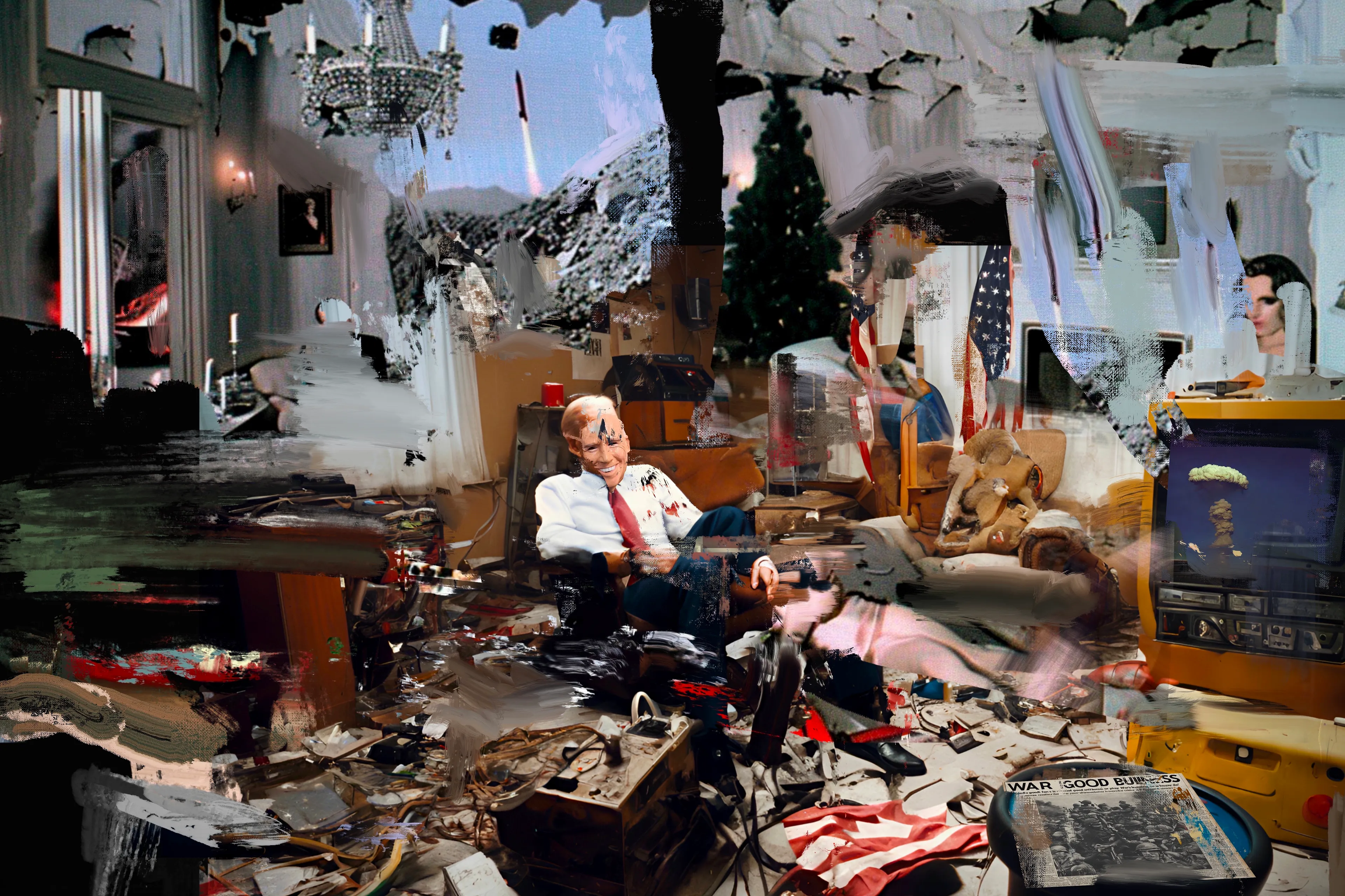 "Living Room Extravaganza" by Harman is a groundbreaking project that combines AI and digital painting in an innovative way to create a series of compelling compositions. These works juxtapose armchair spectators within their domestic settings against the backdrop of war and conflict outside their walls, offering a powerful commentary on contemporary life. The project explores the unsettling dissonance between the serene comfort of home and the chaotic reality beyond, symbolizing our collective desensitization to global events. By contrasting the tranquility of domesticity with the turbulence of external conflict, Harman captures the existential challenges of our times. This project underscores the difficulty of distinguishing between the simulated and the authentic, and the broadcasted spectacle from lived experience. "Living Room Extravaganza" not only reflects our detachment from the visceral and immediate but also raises profound questions about the nature of reality in an age where virtual and actual worlds often blur. Through these thought-provoking compositions, Harman invites viewers to confront their own perceptions and the increasingly complex fabric of modern existence.