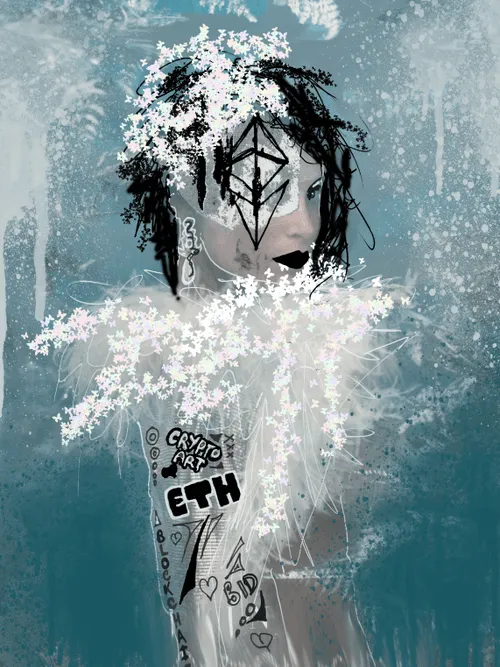 Icicle Ethereum Mask with crypto tattoos, she walks away with a throwaway glance over her shoulder. She had stayed too long in this place and needed to return...

Edition of one. Part of a Limited Edition series called "Ethereum Masks"