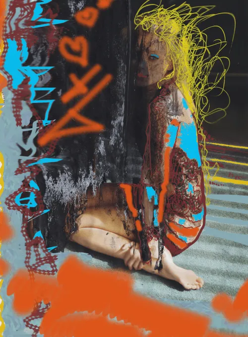 Spray-painted orange graffiti wall. Blonde looks askance. Orange lines, spell it out, over and over. There is no hiding here. Pick one tiny thread of colour and lead me back. All the way back to you. 

Digital collage, 2020, Miss AL Simpson