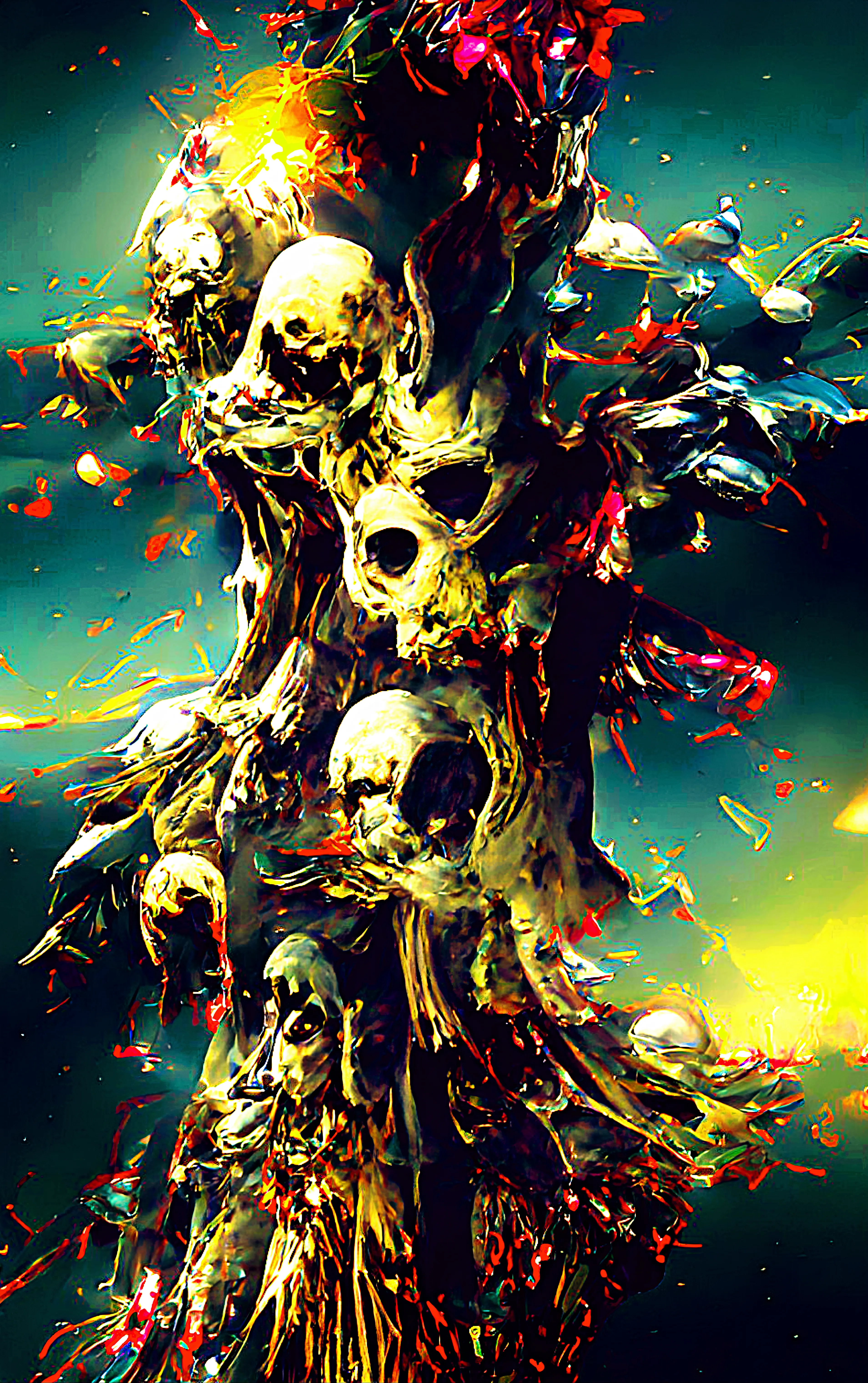 Splash of Colors around a tree of skulls igniting the sparks within

Artwork created using javaprocessing algorithms with 3D blender as base image for skulls simulated using AI

Technical Specifications :

Dimensions - 3816 x 6074
File Size - 30.50 MB