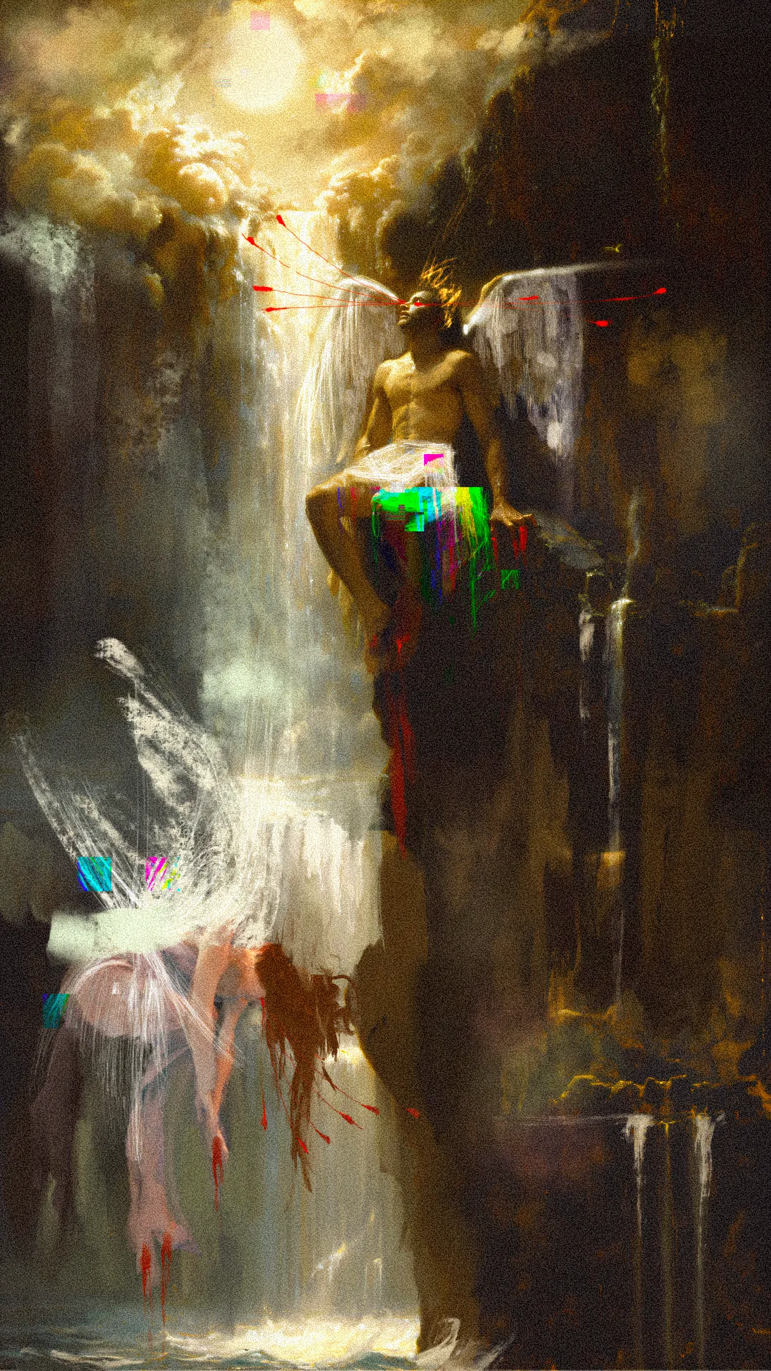 “How could I ever keep my face unmoistened,  
When our own image near me I beheld,  
Distorted so, the weeping of the eyes  
Along the fissure bathed the hinder parts.  
Truly I wept, leaning upon a peak  
Of the hard crag…”

(Dante’s Inferno)

Ai x digital painting by Rocketgirl