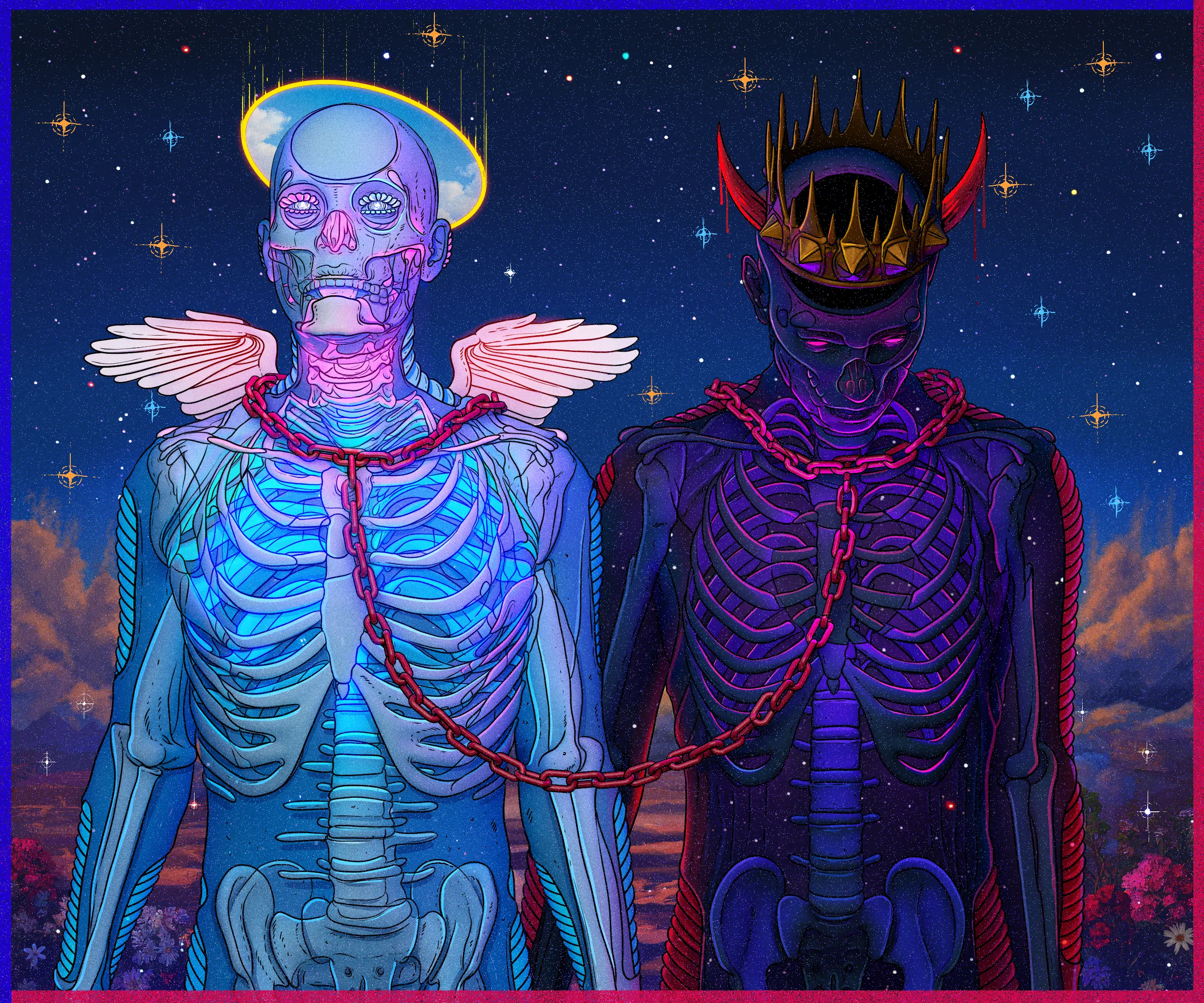 Halo and horn, bone to bone.  
Light chained to shadow,  
two eternities bound as one.