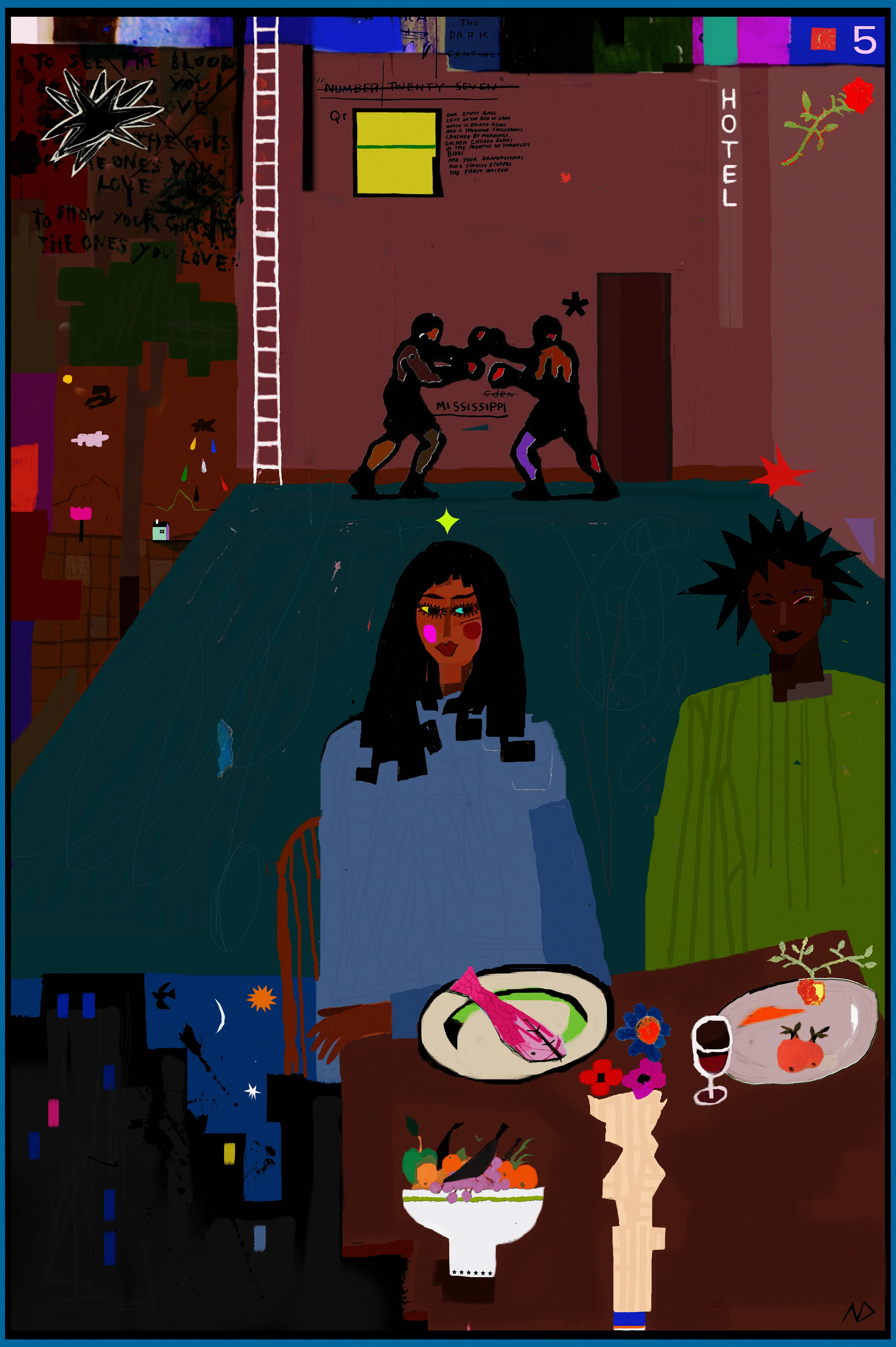 *Gone are the days of frantic rushes and overwhelming chaos - 6 pm - I can't help but marvel at the beauty that surrounds me - colours of the night - midnight: a dream of being in a hotel lobby with you where very guest is greeted with a warm smile & I feel a sense of belonging wash over me // Night folds into morning, birds in sky canopy, clouds soaring, became memory, but not one as cherished as the quiet moments I’ve shared exploring 
a meal with you.*

--

Near’s work is born from the currents of their personal journey. Striving to transcend the ordinary and unveil the extraordinary through colour and mark making, emotion and suggestion. - Each stroke of their pen is a manifestation of dreams untamed, memory remembered & a testament to the boundless potential of the imagination. In this way, Near seeks to evoke wonder and stir the soul, inviting viewers to explore the limitless expanse of their own inner landscapes and the rooms their own personal experiences occupy in their unconscious