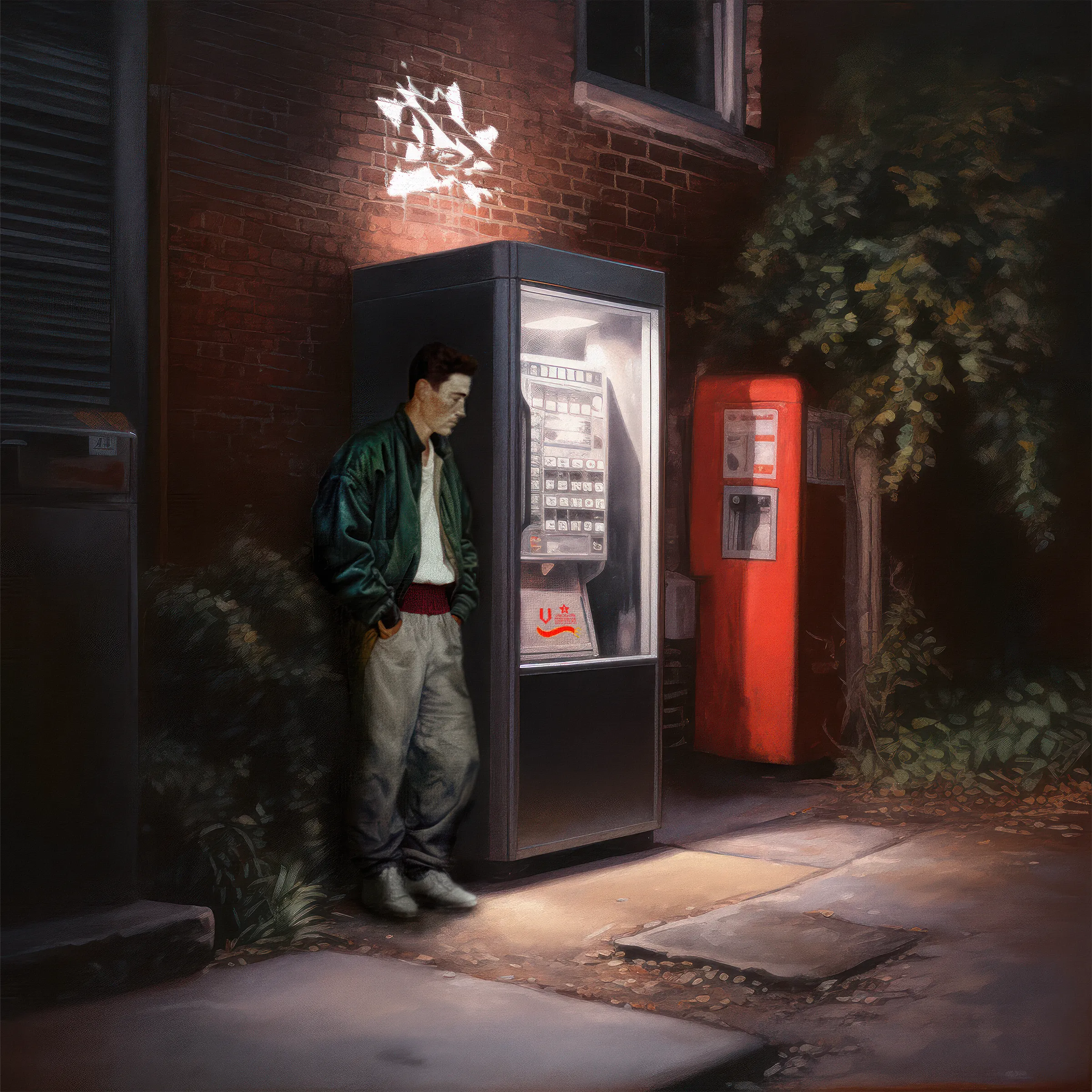 A long day on the town, a man finds repose near a vending machine.