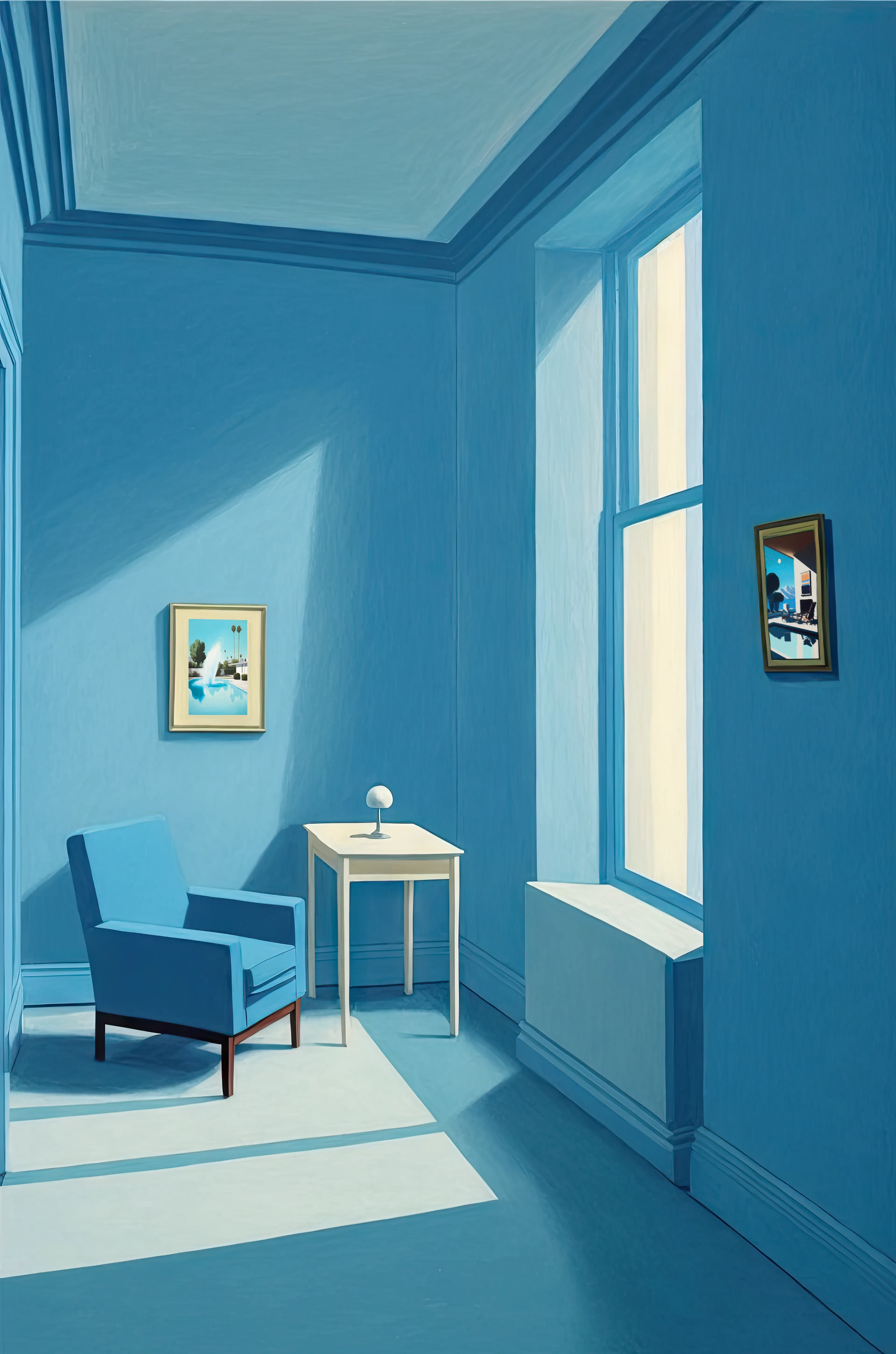 The room, bathed in the hue of blue.