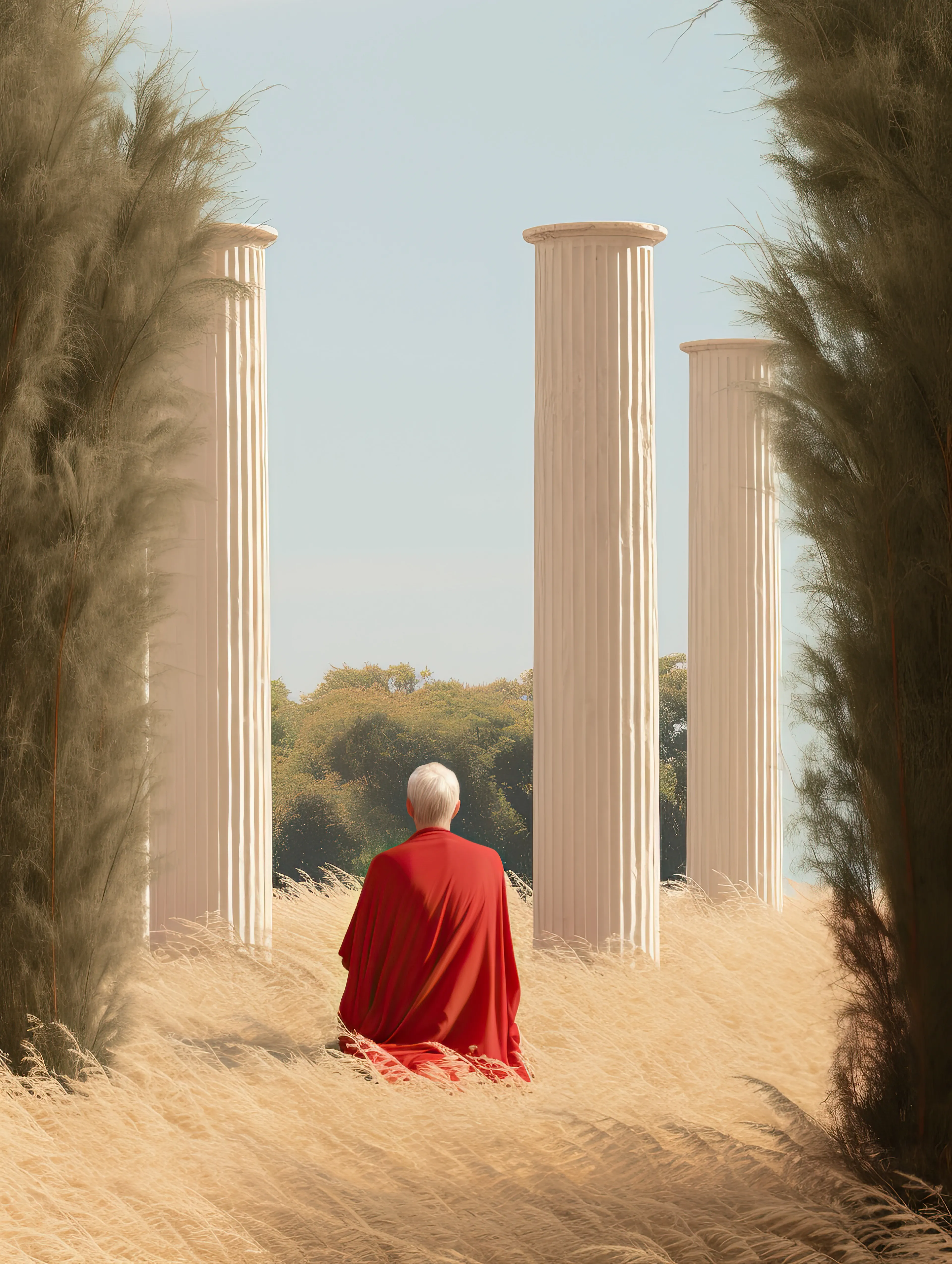 As a continuation of "Vestiges du Passé," this piece portrays a powerful moment of emotional release and inner transformation. The red toga symbolizes strength, passion, and rebirth, while the serene natural setting underscores the harmony found in letting go of the past. 