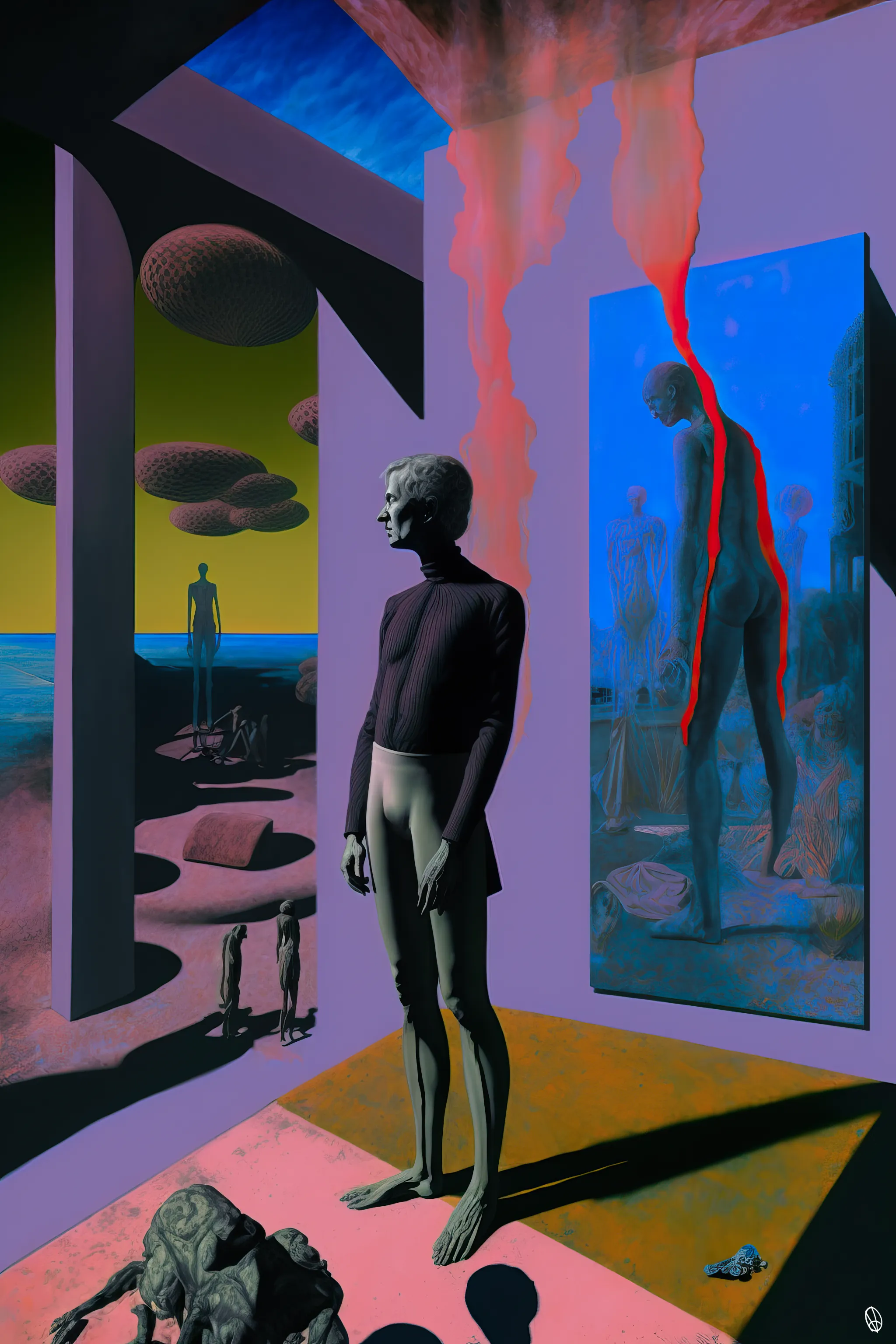 Solus Ipse / The Self Alone - A surrealist depiction of multiple moments of life spread across dimensional frameworks condensing into a singular moment of self realization. 

Process & Medium: (Mixed media, AI, Photoshop)
Developed with a highly unique elemental process involving the blending of the artist's own Oil Paintings, Photography, Found textures, and Sketchbook studies combined with AI, and finally digitally compositing with Photoshop and other tools.