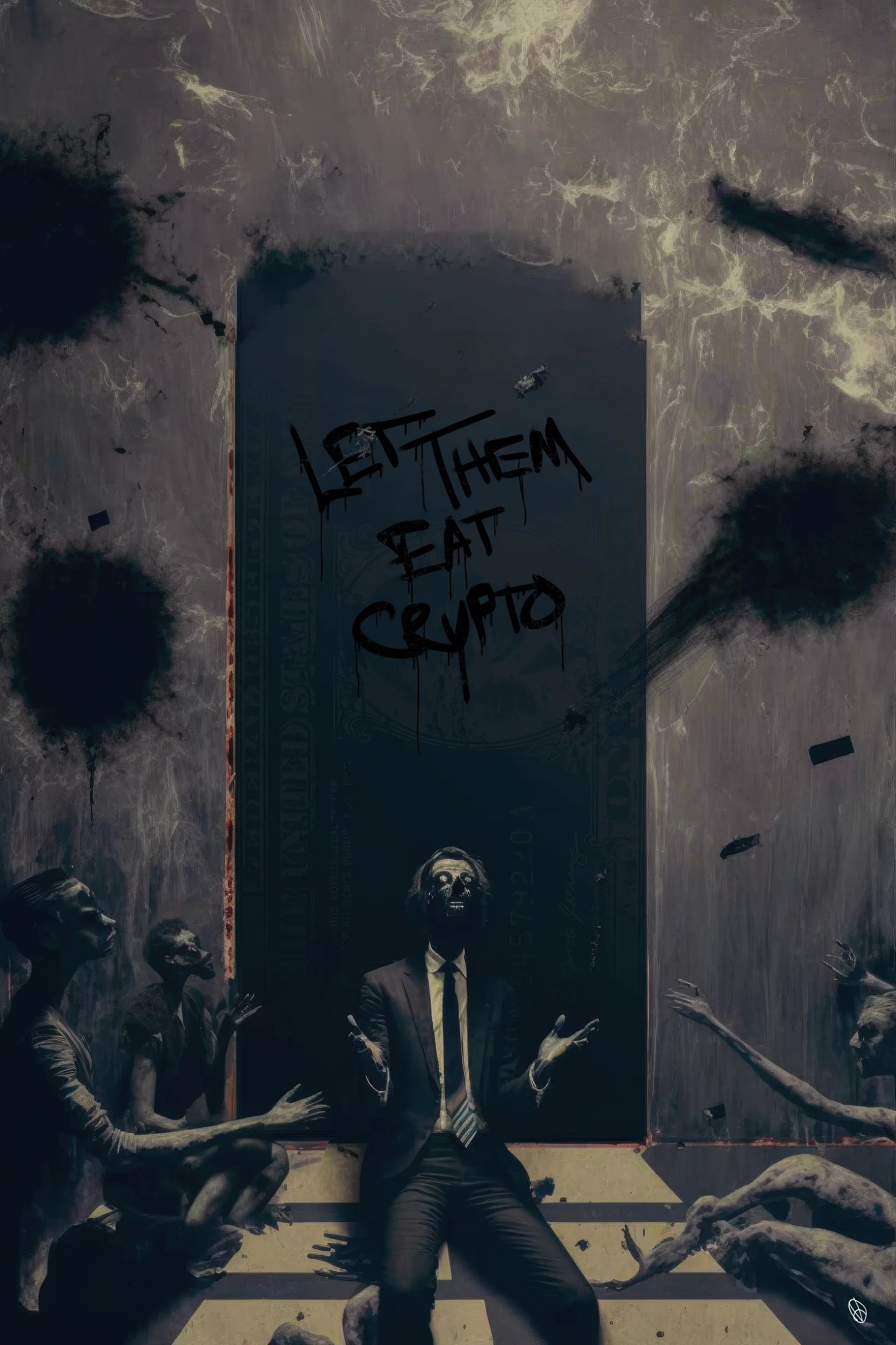 "Let Them Eat Crypto" is a play on the infamous quote from Marie-Antoinette, "Let Them Eat Cake" upon being told that the peasants had no bread. The out-of-touch nature of the line rang through history, same as our current economic conditions will do the same by those who are also greedily out-of-touch. Let Them Eat Crypto depicts figures of the less fortunate, begging desperate to the figure who mocks them as their soul is eaten away. 