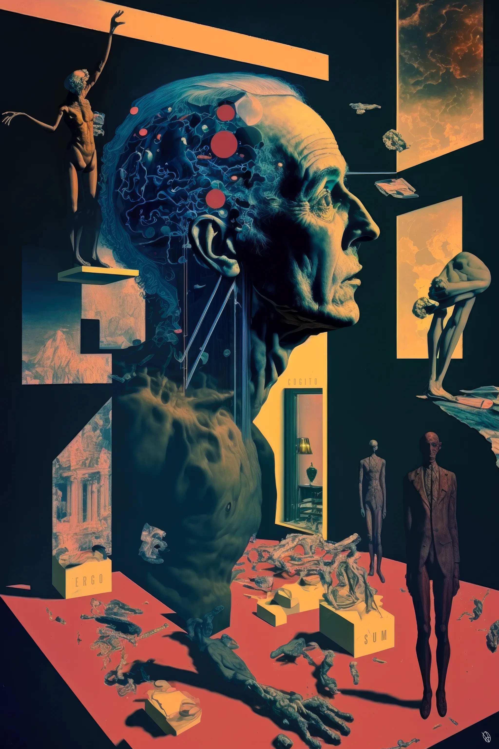 "Cogito, Ergo Sum"

I think, therefore I am. 

An existential surrealist piece designed to push the boundaries of inner dialogue, the righteous self and sometimes the opinionated ego. We think, we question, we believe-- therefore, we are ourselves in the only way we can be. An organic process of changing self through reflective identity and ever evolving thought.

Process & Medium: (Mixed media, AI, Photoshop)
Developed with a highly unique elemental process involving the blending of the artist's own Oil Paintings, Photography, Found textures, and Sketchbook studies combined with AI, and finally digitally compositing with Photoshop and other tools.