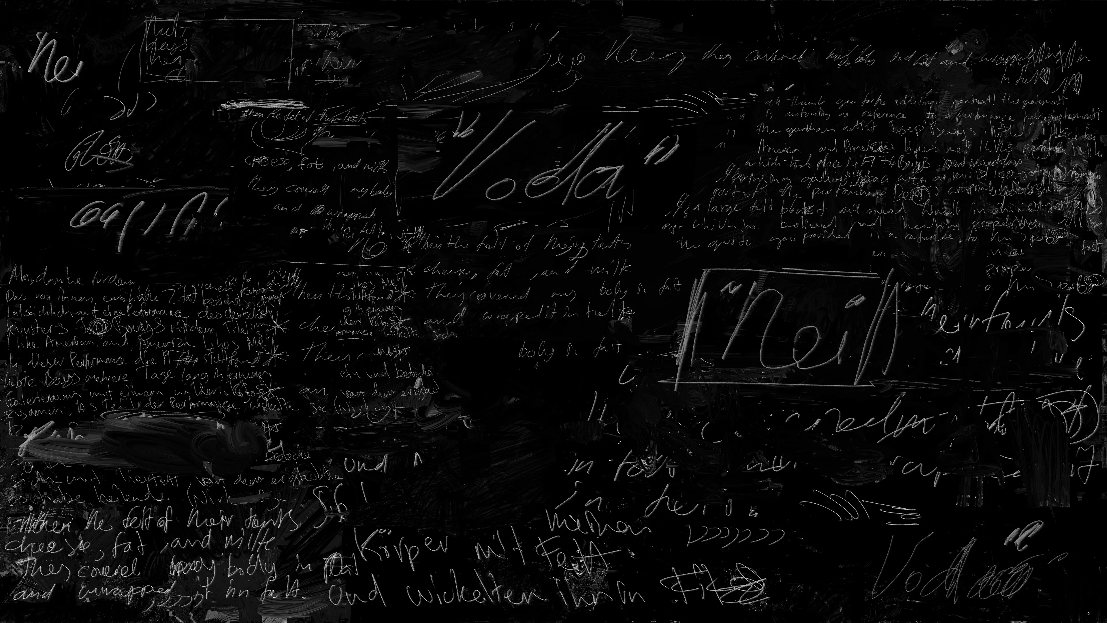 Based on the fiction Joseph Beuys would retell about his WW2 plane crash that reverberated through his artistic practice to become his self generated myth.

The text sourced from a mix of Wikipedia, chat GPT and DEEPLtranslator.

The aesthetic is a communication with Beuys' black board series of works where he would sketch diagrams in performances often related to  ideas of social progress.

The core driver in this work was the dichotomy between how Beuys wanted to present his new identity based on a fiction with his very real recent history. 

The idea of the birth of the artist moving from a self propelled fiction into a physical state.