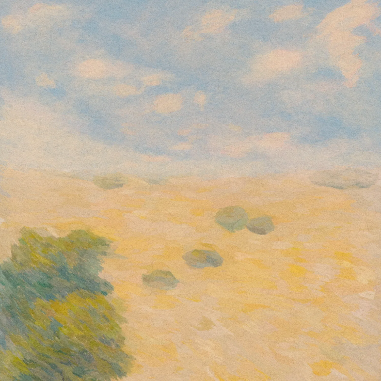 Impression #01

✤ ✤ ✤

As I’m painting, my childhood summers spent in the south of France and Spain come flooding back. The essence of those sun-soaked days, where the vibrant hues of the expansive sky would meld with the golden sand and distant hills, creating a dreamscape filled with laughter and joy is what I remember the most.

Each brushstroke tells a story; the dappling of sunlight on the clouds transports me to the countless hours spent basking in the warm embrace of the sun, while the swaying trees in the foreground evoke memories of gentle breezes caressing our faces as i played and explored. The blurred edges and soft colour palette whisper of the hazy warmth that enveloped the landscape, providing a comforting backdrop as i discovered hidden trails.

Those moments are etched in my heart, and this painting a testament to the profound impact of those carefree days. As the sun dipped below the horizon, casting a symphony of colours across the sky, I would run up on the hillsides, watching the sun going down with the gentle hum of the evening breeze. In this painting, I have endeavored to immortalize those treasured memories, weaving a tapestry of emotions that transcend time and space, offering a glimpse into my intimate self, a world where the sun never sets and the spirit of my childhood summers lives on.

✤ ✤ ✤

About the IMPRESSION series

Some time ago, i have started working on a new painting series that extends the art style and philosophy i've started exploring in my HER collection. Each painting is inspired by what I’d call an impression: an abstract memory from my own head that was shaped by time and imagination.

These animated paintings seek to explore the relationship between memories, imagination, explore the ever-changing nature of it and the way our brains interpret and beautify them.

At the heart of the "Impressions" concept is the idea that our memories are never entirely accurate or complete. Instead, they are fleeting impressions that we piece together in our minds, often embellishing or altering them in the process.

By animating paintings, i can explore this concept in a new and innovative way, using movement and sound to evoke the fluid and ever-changing nature of our memories. It allows me to delve into the complexities of our own minds and the way we interpret and beautify our memories.

Our memories are fleeting and imperfect, but they form the basis of our experiences and our understanding of the world. Through the use of digital animation, i'm able to breathe new life into my memories and relive them in a way that is more immersive and engaging than ever before. This is not simply a matter of nostalgia or sentimentality; it is an attempt to capture something essential about the human experience.

At the same time, i recognize that the use of technology in art raises important questions about the nature and value of art itself. If a painting is animated, is it still a painting, or does it become something else entirely? How does the use of technology affect the artist's creative process, and what does it mean for the viewer's experience of the artwork?

I am mindful of these questions and strive to create work that is authentic and true to my artistic vision. I believe that the “Impressions” series strikes a delicate balance between tradition and innovation, between the old and the new. This has been the essence of my work from the beginning: questioning our relationship with the time that passes.

In many ways, the "Impressions" concept challenges traditional notions of what art is and can be. It blurs the line between different mediums and encourages us to think more deeply about the nature of memory, imagination, and the way we experience the world around us.

Whether you view "Impressions" as a bold new direction in art or a mere curiosity, it has opened up exciting new possibilities for me as an artist and i hope for you too as a viewer.

The decision to incorporate a specific piano piece into the series was an essential part of my artistic process. As an artist, I often find that my creativity flows more freely when I am in a specific state of mind. The use of a meditative and wide piano piece in conjunction with the paintings provides me with a creative anchor that allows me to tap into a particular state of mind and access my memories in a more profound way. The repetitive and calming nature of the piano piece can help me enter a flow state, where i am more fully present in the moment and able to connect with my memories on a deeper level.

One of the fascinating aspects of using a single piano piece across the entire series is the complex relationship between the music and the visual art. As I paint each memory, the music serves as a soundtrack to the experience, bringing out different emotions and sensations that may not be immediately apparent from the image alone. At the same time, the paintings also influence the music, creating a feedback loop of sorts that elevates both art forms.

Of course, using a single piece of music for an entire series of paintings is not without its challenges. Each painting must be able to stand on its own while also being part of a larger, cohesive whole. This requires a delicate balance between unity and variation, with each painting serving as a unique expression of a specific memory while also contributing to a larger emotional and aesthetic narrative.

Ultimately, the “Impressions” series is not just about exploring the complexities of memory and imagination; it is about pushing the boundaries of what art can be. It is about challenging traditional notions of medium and form and creating work that is both visually stunning and emotionally resonant. It is about capturing something essential about the human experience and sharing it with the world. I invite you to join me on this journey of exploration and discovery, and to experience the magic of “Impressions” for yourself.

✤ ✤ ✤

Artwork & music composition by Mannay (2023)  