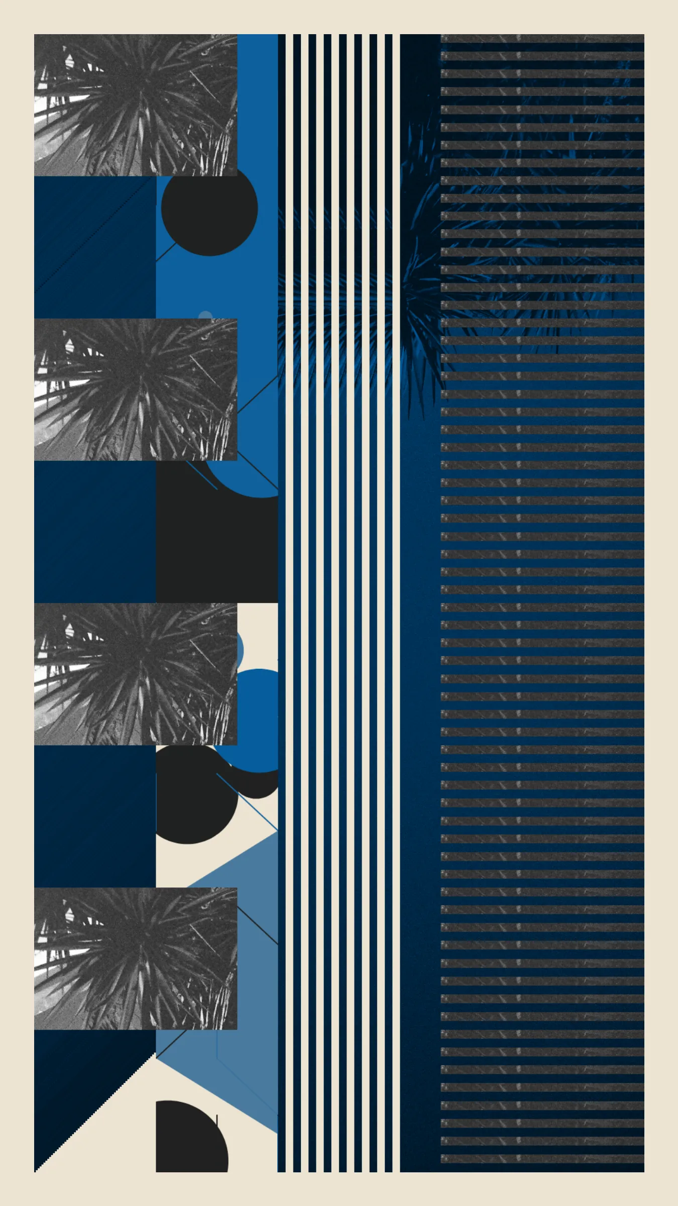 *Elefante* builds on my previous long-form work and pushes it to incorporate multiple remixed canvases using a single photograph of a giant Yucca (Latin name - Yucca elephantipes) as a starting point.

The project blends elements of Brutalism, Concrete art, and collage to create abstract displays of coloured forms and photography, some reminiscent of architecture, some paper cut-outs.

I aimed for the pieces to ‘scan’ well from a distance or at smaller sizes, but also to have a more 'material' quality than some of my prior work. I wanted texture without skeuomorphism.