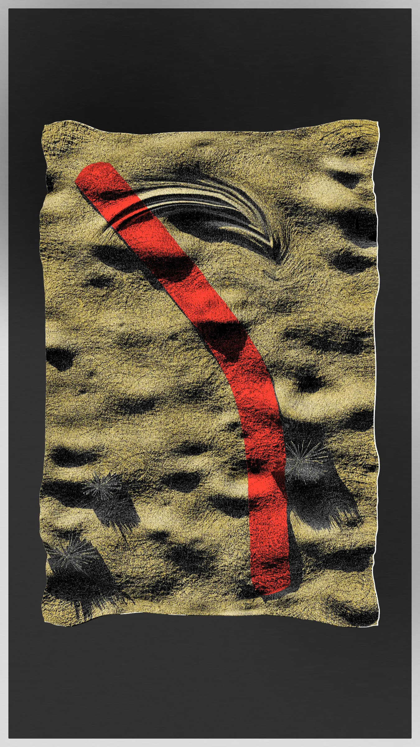 "Discover a world beyond our own with the Petrography Case." This artwork invites viewers to explore a plaster relief contained within, reminiscent of the rugged surface of the moon. The intricate texture and details of the relief draw the viewer in on a journey of discovery. The Petrography Case serves as a window into a world of imagination, a testament to the power of art to transport us to new and exciting places. Come and see what secrets the Petrography Case holds..
