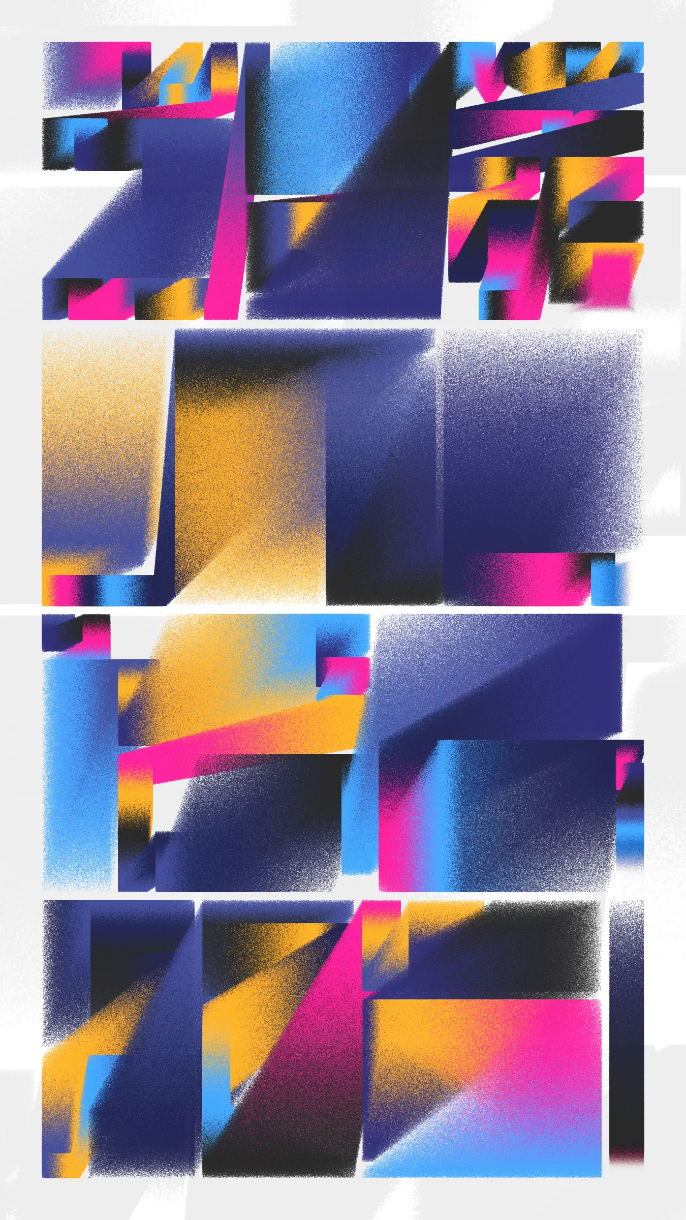 I am constantly drawn to the rough, spray-painted concrete walls of my city, and I wanted to capture that sense of life and movement in Concrete Letters. This series is an ode to the aesthetics of graffiti and the beauty of architecture, a collection of digital artworks that evoke the energy and movement inherent in the urban landscape. As the pieces unfold, the vibrancy and movement captured in each line, curve, and cut develops a kind of calligraphy, inspiring us to see the world around us in a new light. This series is a window into the cityscape, highlighting the beauty that surrounds us, if only we take the time to look.