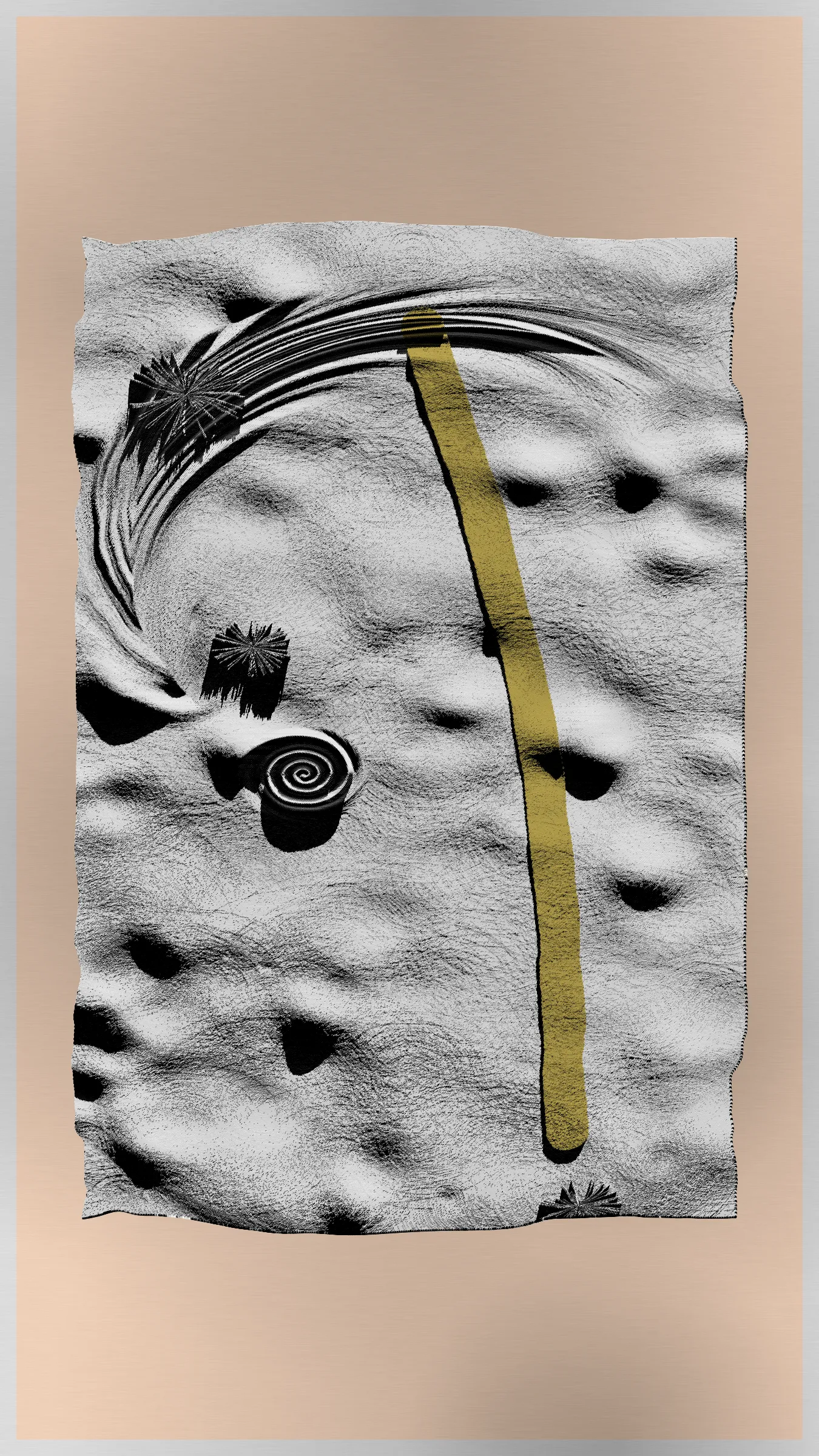 "Discover a world beyond our own with the Petrography Case." This artwork invites viewers to explore a plaster relief contained within, reminiscent of the rugged surface of the moon. The intricate texture and details of the relief draw the viewer in on a journey of discovery. The Petrography Case serves as a window into a world of imagination, a testament to the power of art to transport us to new and exciting places. Come and see what secrets the Petrography Case holds..