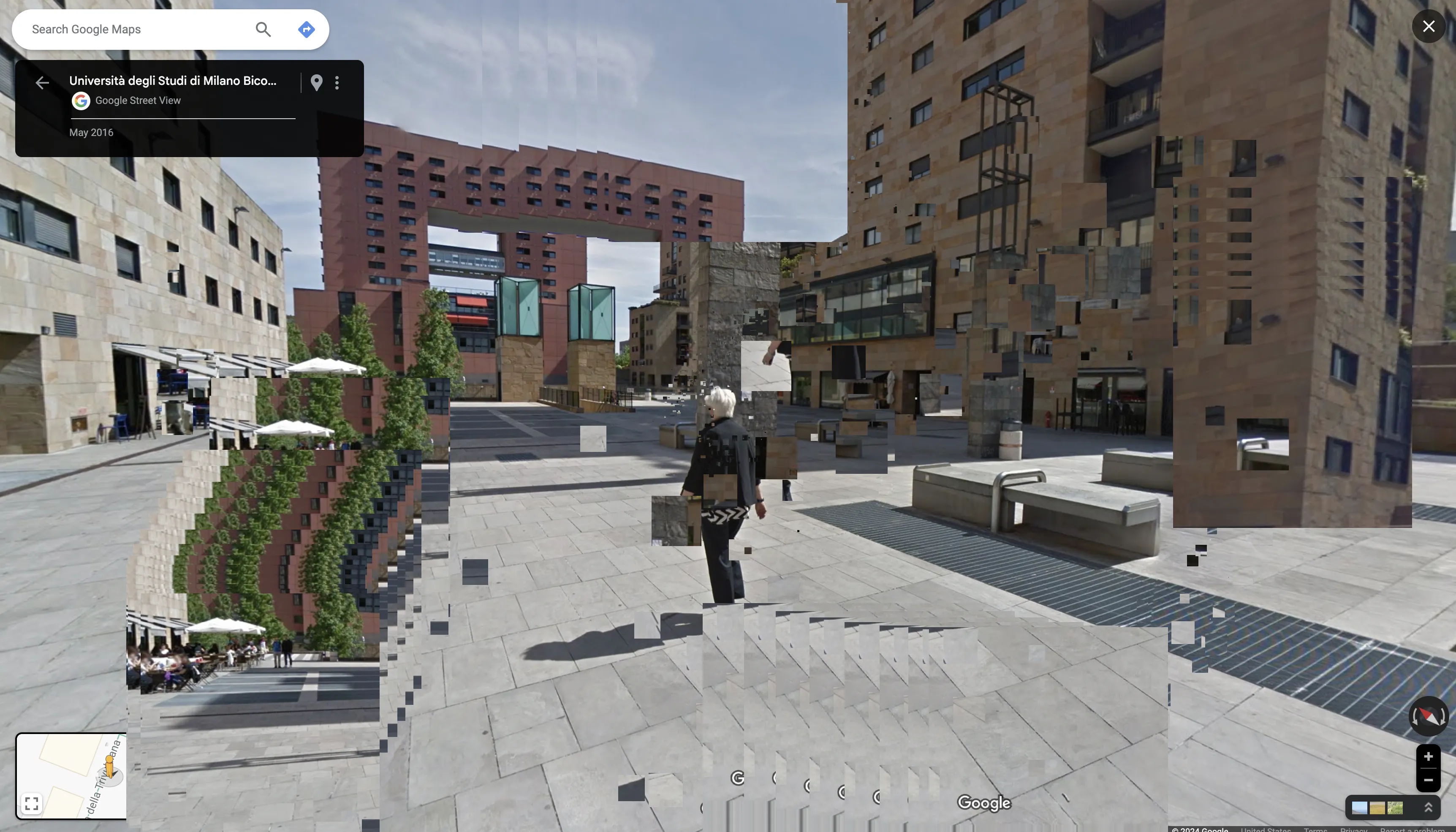 Here I glitched screenshot of a Google Street View scene depicting the plaza outside the Università degli Studi di Milano, taken in May 2016.  I used digital processing to create a distorted, pixelated effect, blending the architectural elements and introducing a sense of fragmentation and disruption. 

The juxtaposition of the modern, angular buildings and the fragmented, abstract visual treatment suggests a commentary on the relationship between the built environment, technology, and the human experience of urban spaces. 

With this I invite you to consider the ways in which digital tools and algorithms can transform our perception of physical reality, highlighting both the potential and the limitations of technology in mediating our interactions with the world and future around us.
