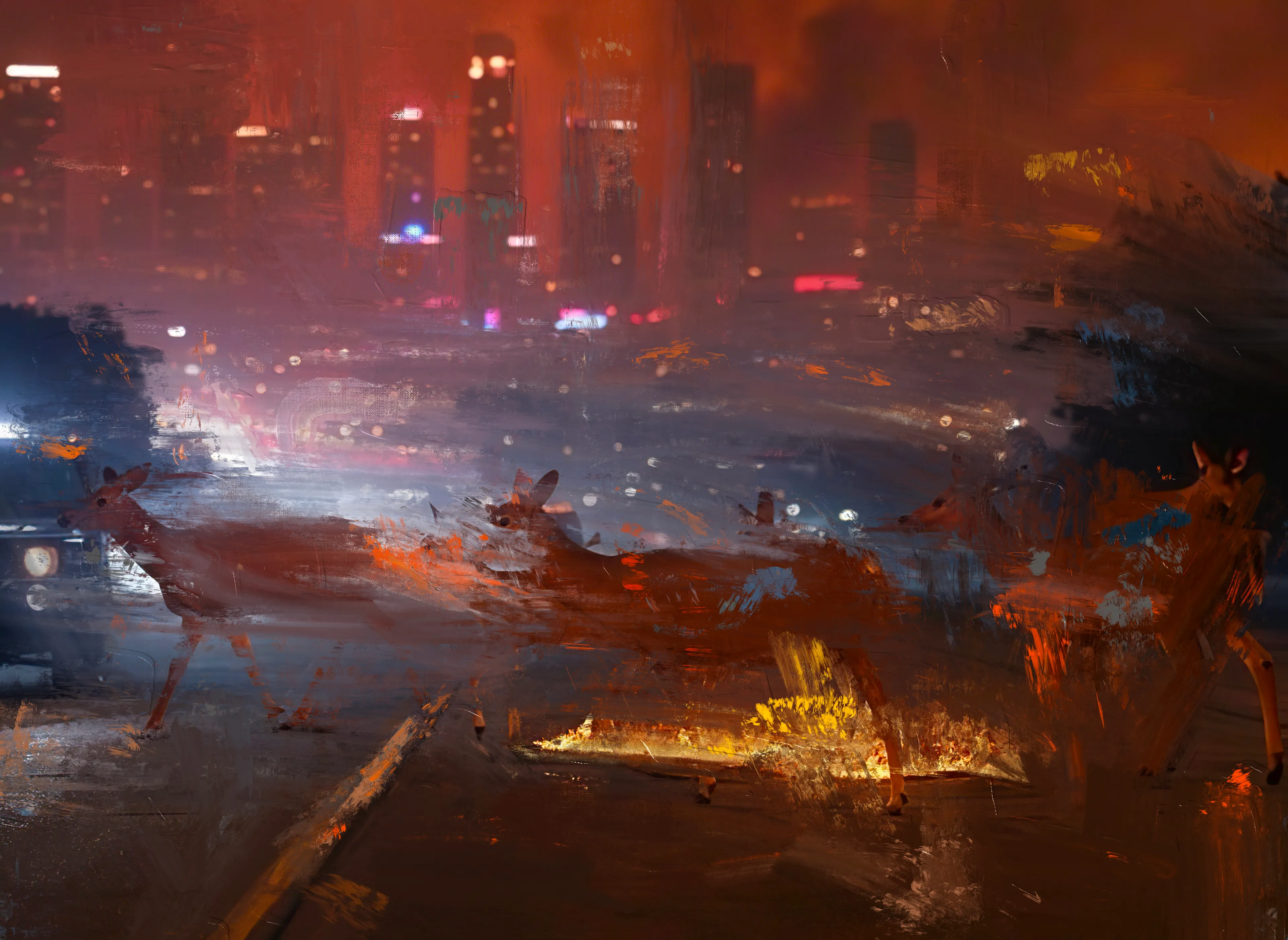 The "LA Deer" paintings captures the stark, raw beauty of Los Angeles's wildlife caught in the throes of the city's relentless wildfires. With vivid brushstrokes that swirl with the chaos of fleeing deer, each painting pulses with the urgent, frenetic energy of survival against a backdrop of encroaching flames. 
The series paints a visceral picture of the clash between urban expansion and the natural world, highlighting the poignant vulnerability of these animals amidst the smoke and ash of their disrupted habitats.
 Dramatic and evocative, this collection invites viewers to confront the unsettling reality of environmental disaster—rendering the invisible visible, and the forgotten memorable. It stands as a powerful testament to the resilience of wildlife and a searing critique of the human activities that jeopardize their existence.