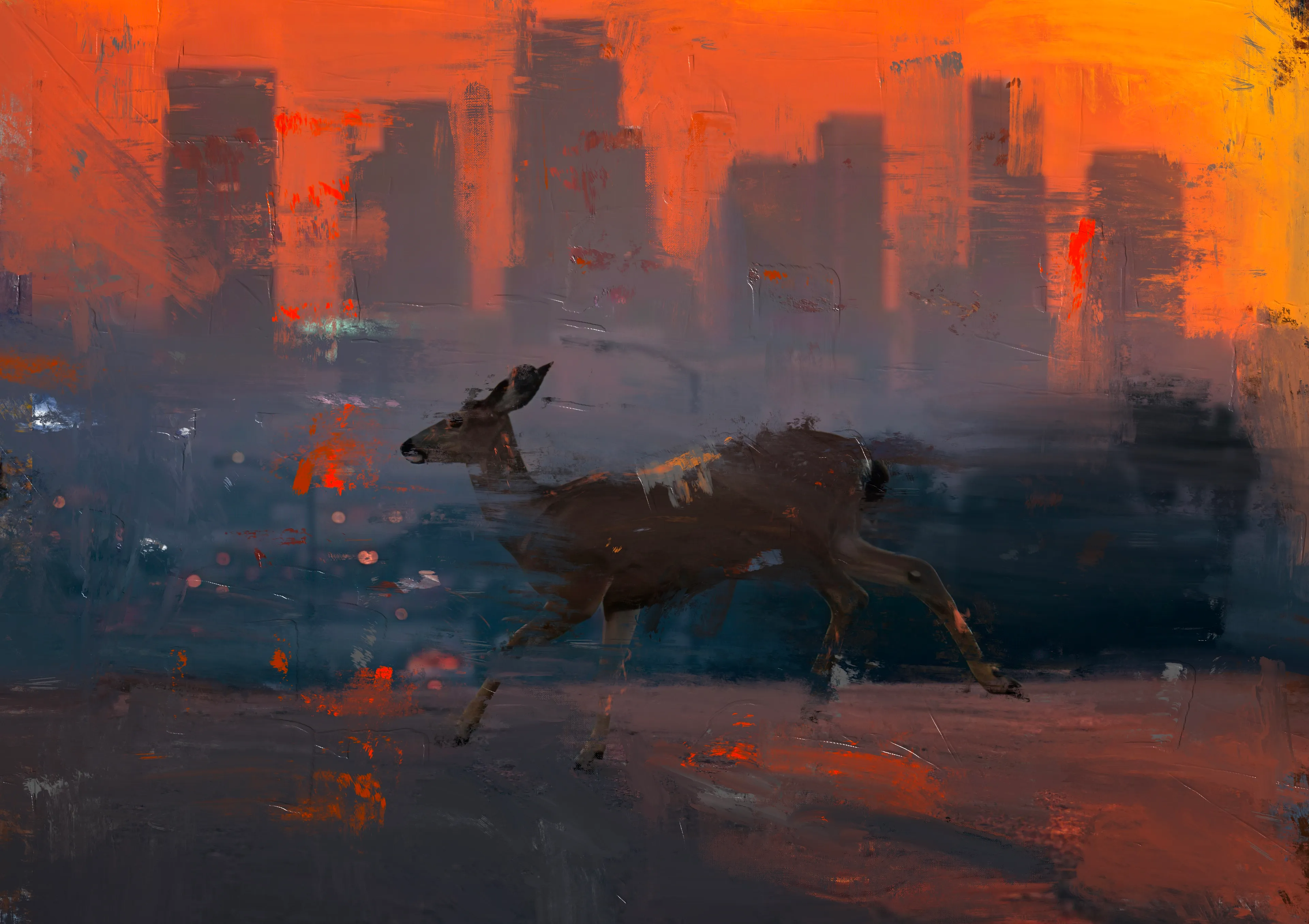 The "LA Deer" paintings captures the stark, raw beauty of Los Angeles's wildlife caught in the throes of the city's relentless wildfires. With vivid brushstrokes that swirl with the chaos of fleeing deer, each painting pulses with the urgent, frenetic energy of survival against a backdrop of encroaching flames. 
The series paints a visceral picture of the clash between urban expansion and the natural world, highlighting the poignant vulnerability of these animals amidst the smoke and ash of their disrupted habitats.
 Dramatic and evocative, this collection invites viewers to confront the unsettling reality of environmental disaster—rendering the invisible visible, and the forgotten memorable. It stands as a powerful testament to the resilience of wildlife and a searing critique of the human activities that jeopardize their existence.