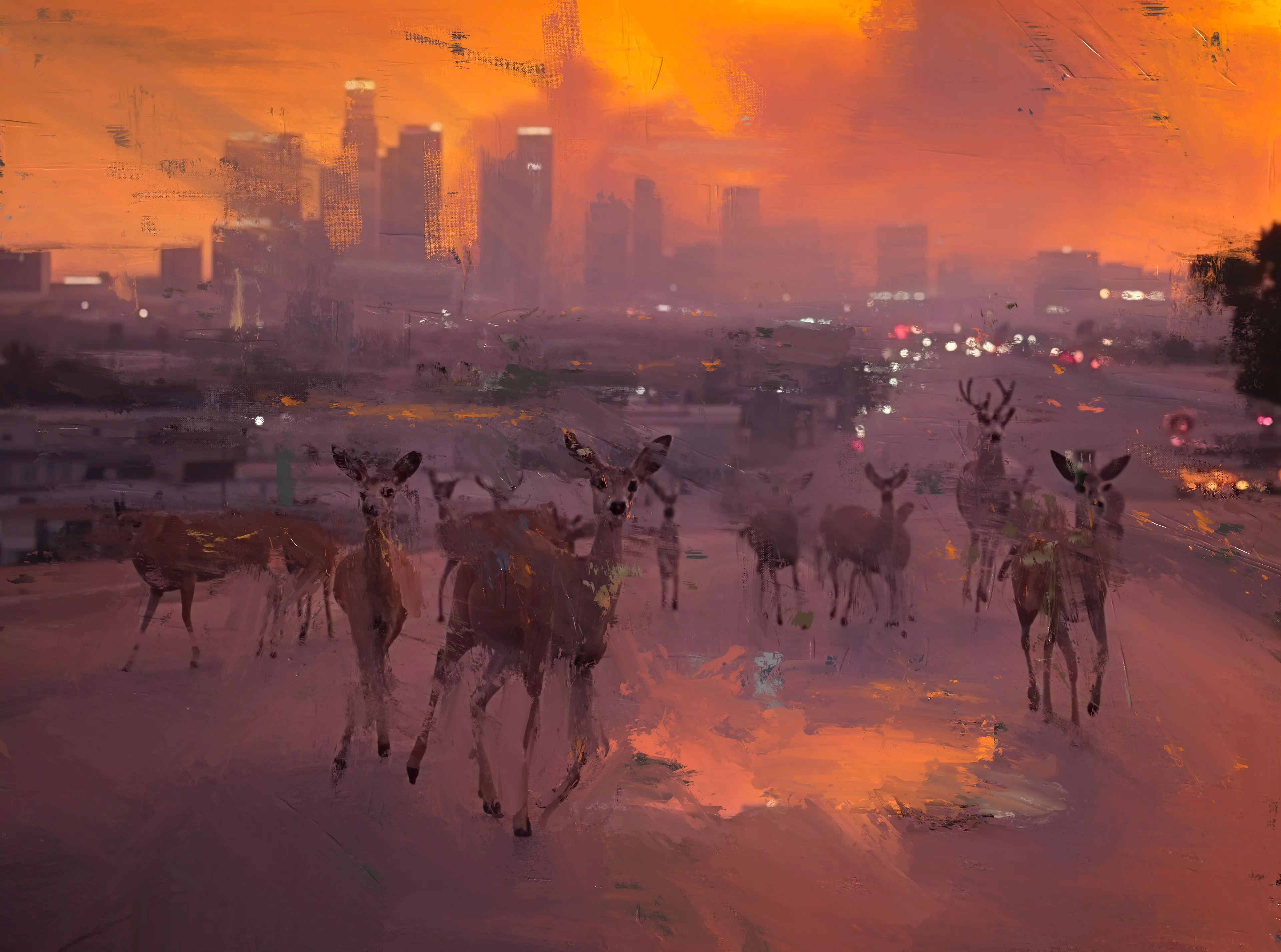 The "LA Deer" paintings captures the stark, raw beauty of Los Angeles's wildlife caught in the throes of the city's relentless wildfires. With vivid brushstrokes that swirl with the chaos of fleeing deer, each painting pulses with the urgent, frenetic energy of survival against a backdrop of encroaching flames. 
The series paints a visceral picture of the clash between urban expansion and the natural world, highlighting the poignant vulnerability of these animals amidst the smoke and ash of their disrupted habitats.
 Dramatic and evocative, this collection invites viewers to confront the unsettling reality of environmental disaster—rendering the invisible visible, and the forgotten memorable. It stands as a powerful testament to the resilience of wildlife and a searing critique of the human activities that jeopardize their existence.