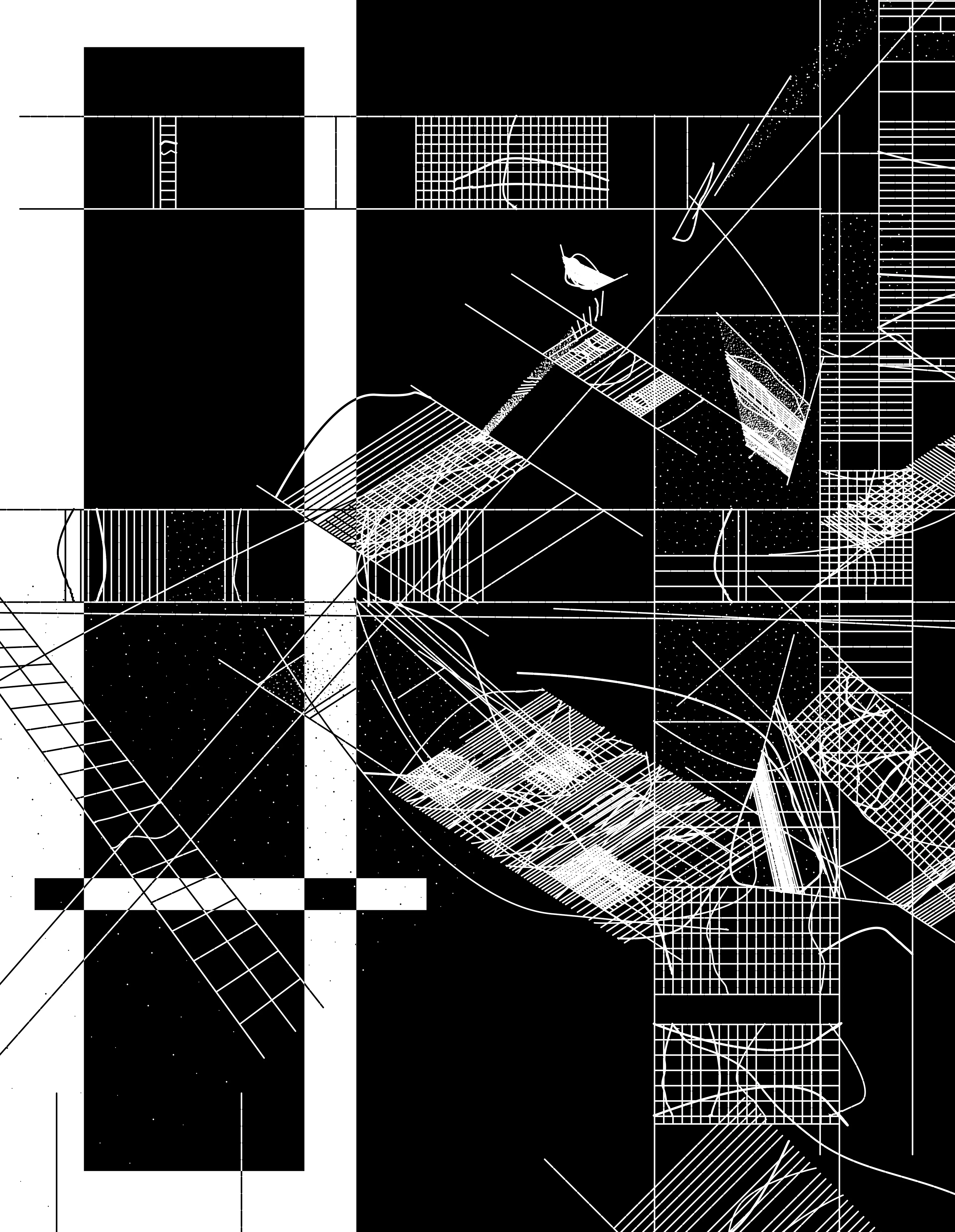 At this point I was starting to question whether the deceased artist would even approve of this homage. From an aesthetic standpoint, I felt as though this started to capture the merging of the train tracks and the telephone wires quite well. It also felt like little birds appeared sitting on the telephone wires. The black and white inversions were a huge breakthrough as I began to understand and appreciate how a system might generate photograms.