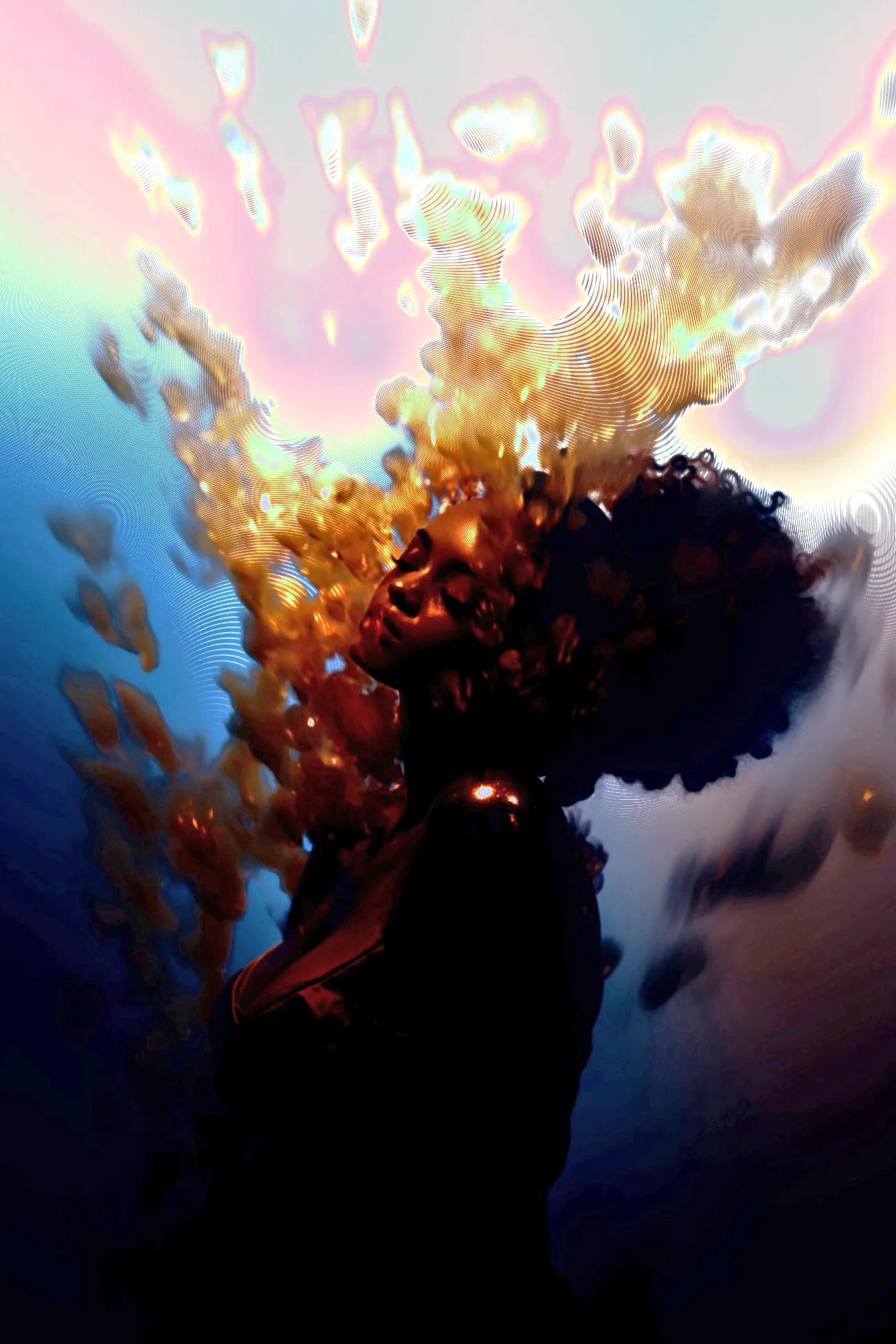 In the water, we are still. 
In the water, we are alive.  
In the water, we are calm.  
In the water, we thrive.

Created using machine learning with 100+ images of my own art and blended on Midjourney, Photoshop, and Photomosh.
