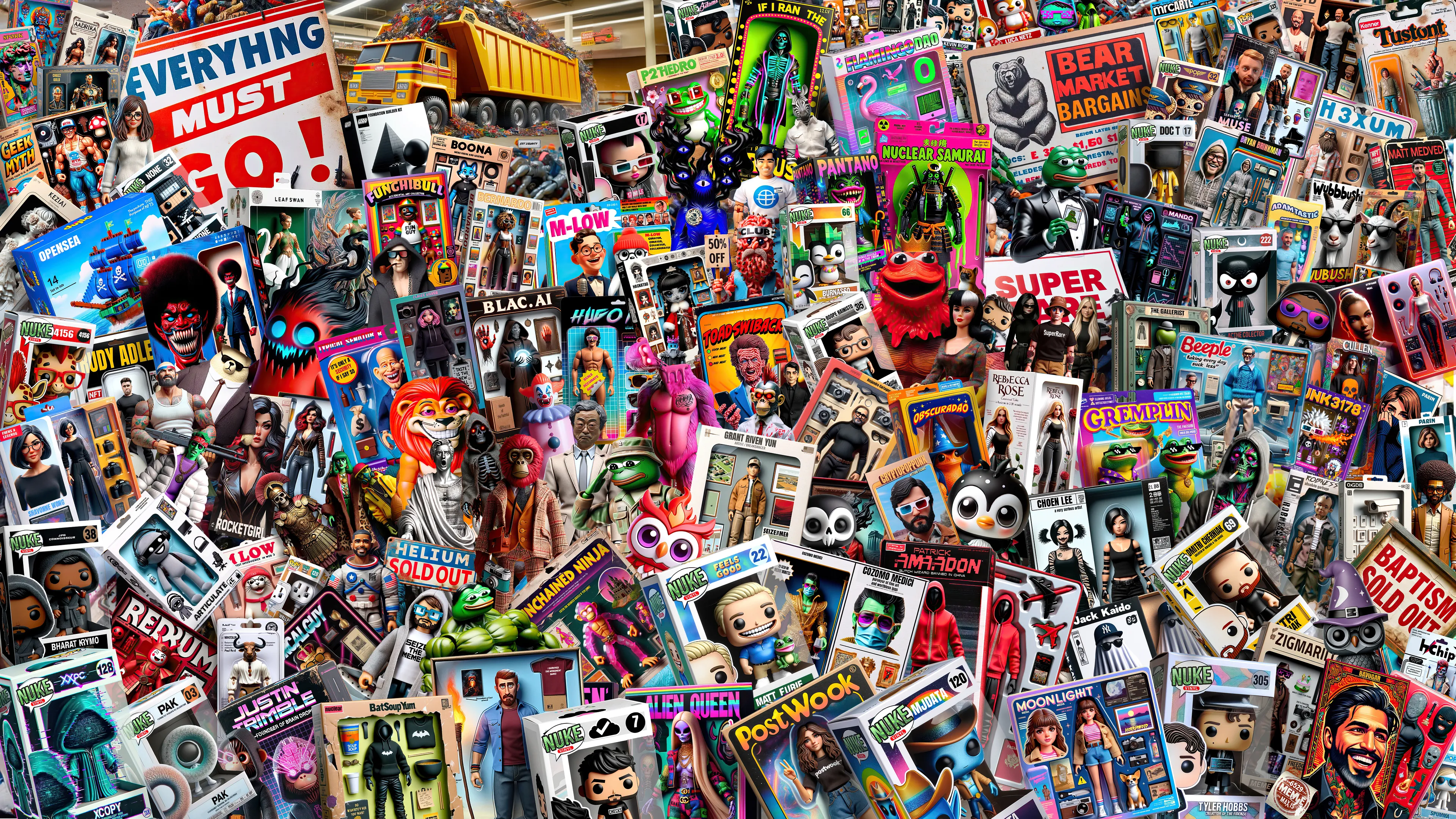 "Everything Must Go" is my personal reflection on the double-edged sword that is the cryptoart space. Each figure in this collection is a testament to the individuals I hold in high esteem—my friends, mentors, and the heroes who shape our art community. But there's a deeper narrative here: the portrayal of art and artists as mere commodities in the frenzied trading floors of digital currency. The dump truck and signage in the background point to this reality, where artists are onboarded en masse, only to serve as exit liquidity in a marketplace that often values speculation over creation. This piece is both a tribute and a critique, a celebration of community and a commentary on the transactional nature that can overshadow the true essence of art.