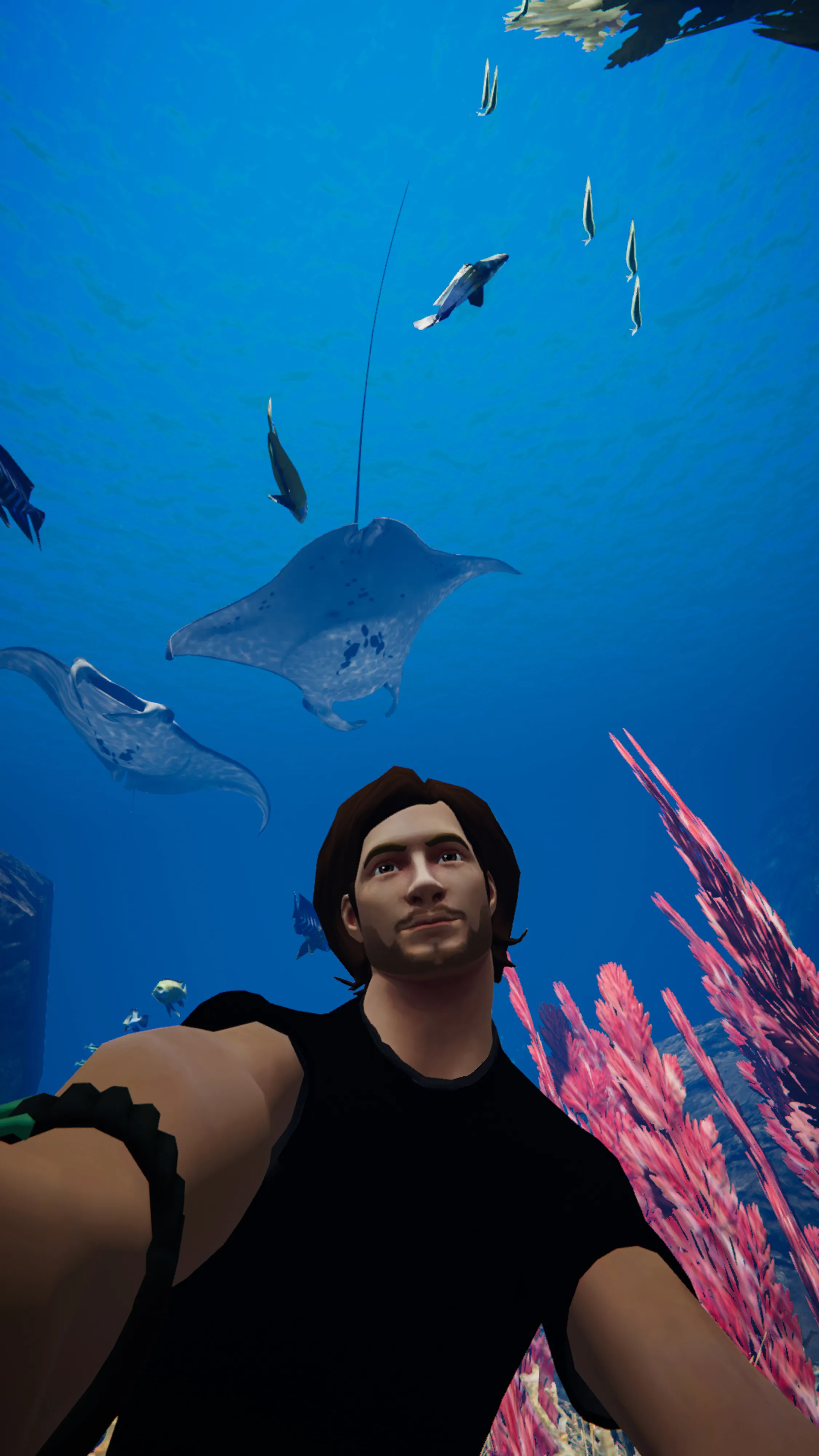 Self-portrait swimming with mata rays in the metaverse.  This project began with an assignment for National Geographic magazine documenting the metaverse and grew into many additional projects including this 100 self-portraits series, all made using an in world camera.  Taken in VRChat in a world by Fins called Deep Blue.