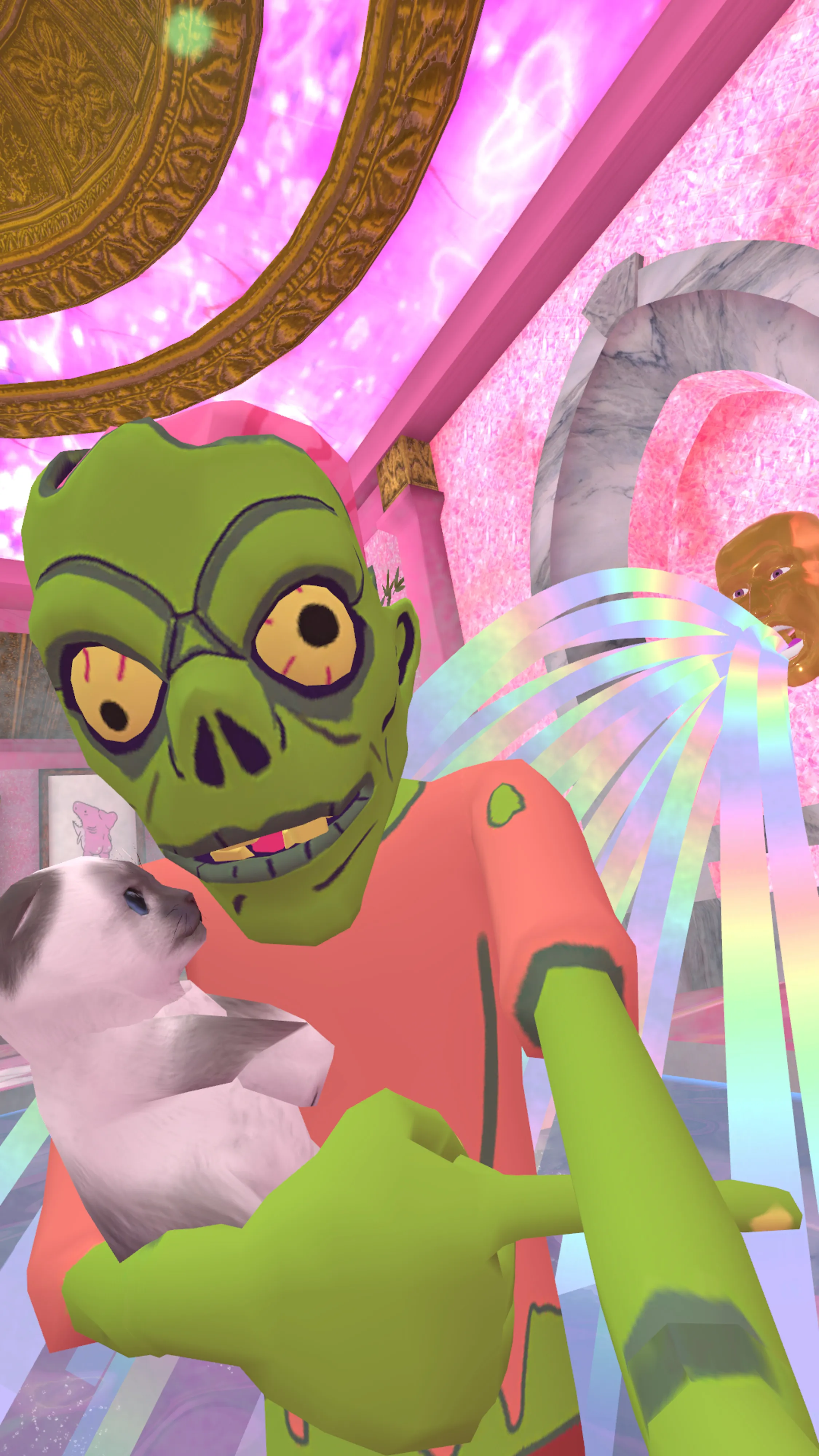 Self-portrait as a monster playing with kittens in VRChat in the BathHouse Utopia by Fionna.  This NFT has extra utility for the one who mints it (no secondary).  You will have access to a special discord channel on Obscura where you will be given options for one small group Metaverse meetup with me this year.  Come world hop with me!  We will be making photos and going to some of my favorite worlds together.  This project began with an assignment for National Geographic magazine documenting the metaverse and grew into many additional projects including this 100 self-portraits series, all made using an in world camera.