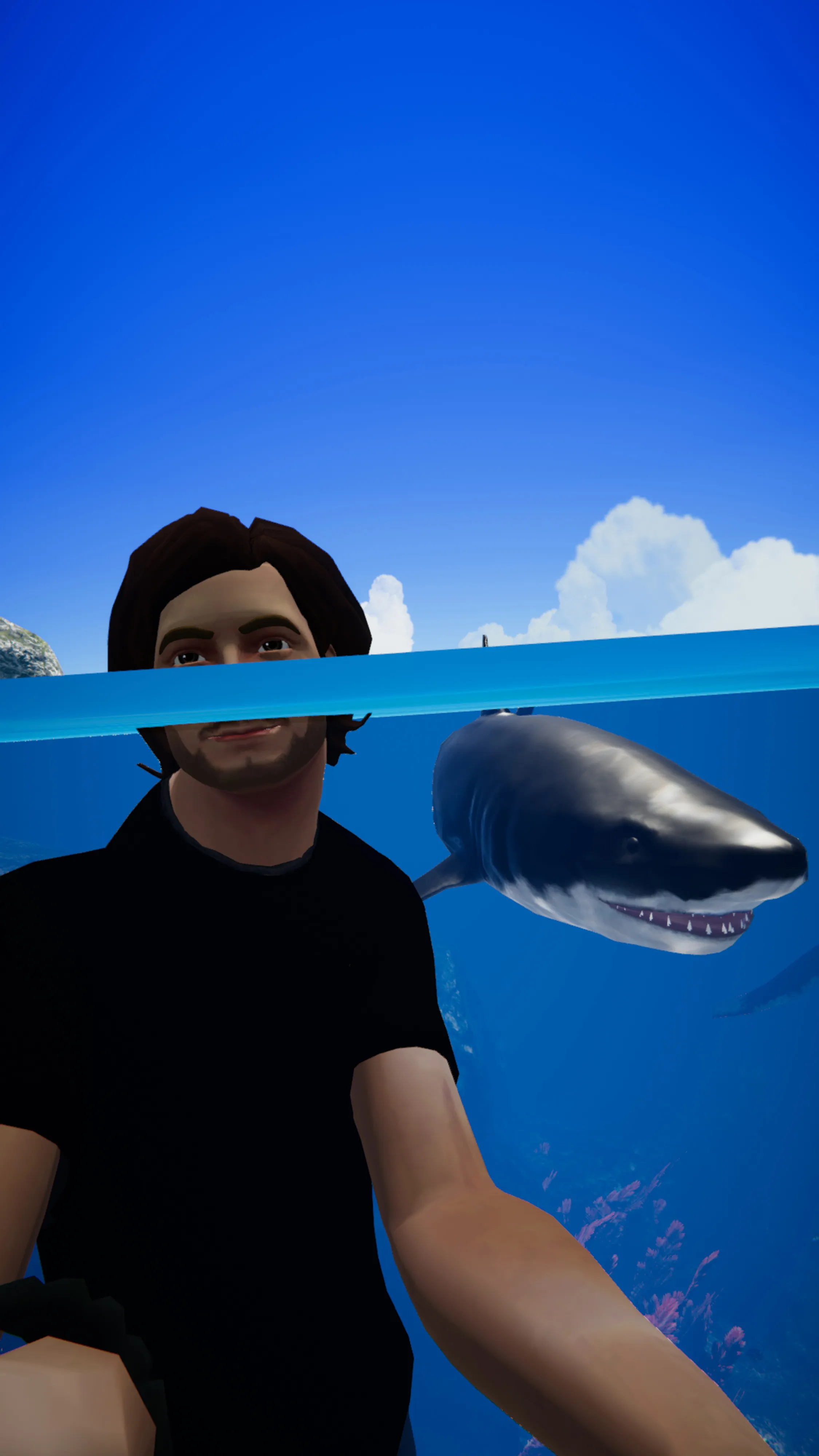 Self-portrait right before being killed by a shark in the metaverse.  This project began with an assignment for National Geographic magazine documenting the metaverse and grew into many additional projects including this 100 self-portraits series, all made using an in world camera.  Taken in VRChat in a world by Fins called Deep Blue.