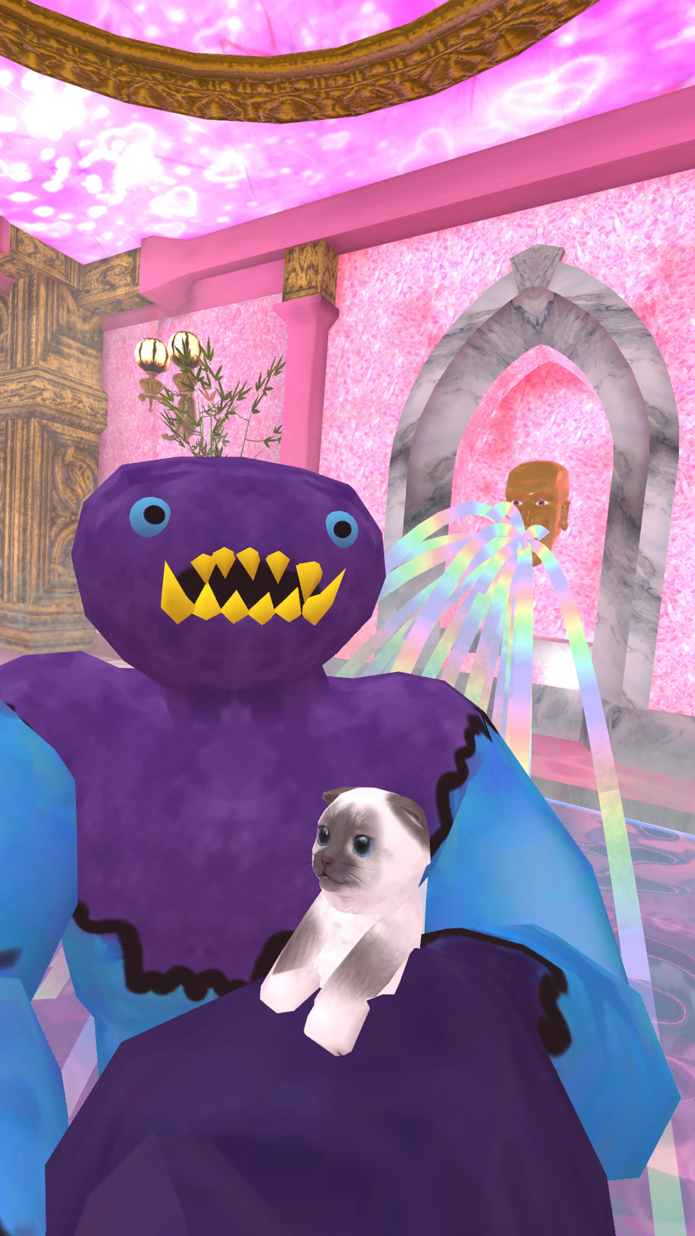 Self-portrait as a monster playing with kittens in VRChat in the BathHouse Utopia by Fionna.  This NFT has extra utility for the one who mints it (no secondary).  You will have access to a special discord channel on Obscura where you will be given options for one small group Metaverse meetup with me this year.  Come world hop with me!  We will be making photos and going to some of my favorite worlds together.  This project began with an assignment for National Geographic magazine documenting the metaverse and grew into many additional projects including this 100 self-portraits series, all made using an in world camera.