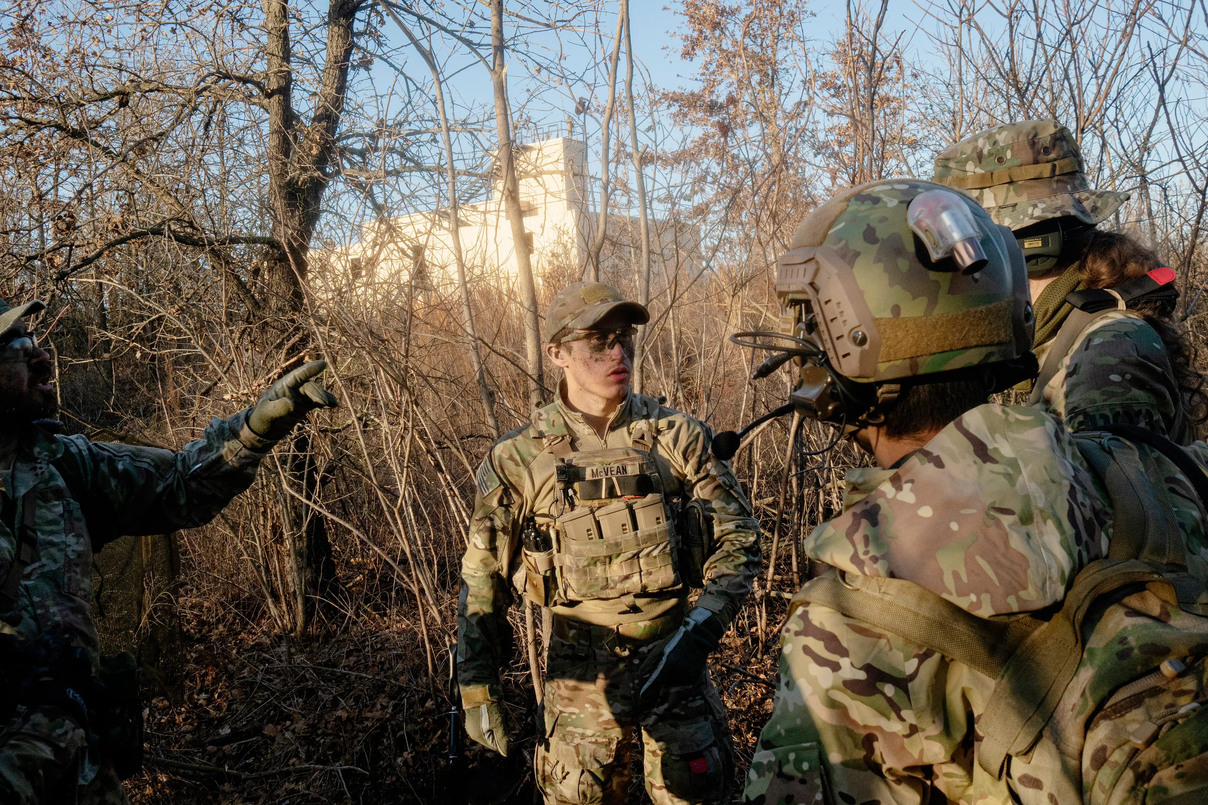 USA. Oklahoma. Overbrook. Battle Springs Ranch. March 2022. Final battle. Russian troops take a building from NATO forces and "win". Milsim, military simulation, airsoft weekend full immersion event. In a scenario where US and NATO troops, after loosing the battle of Kharkiv are trying to take back the Russian garrison town of Sarsk in the Rostov region close to the Ukrainian border. US FOR versus RUS FOR. Milsim West has been reenacting similar scenarios for a dozen of years and the similarity to current events is coincidental.