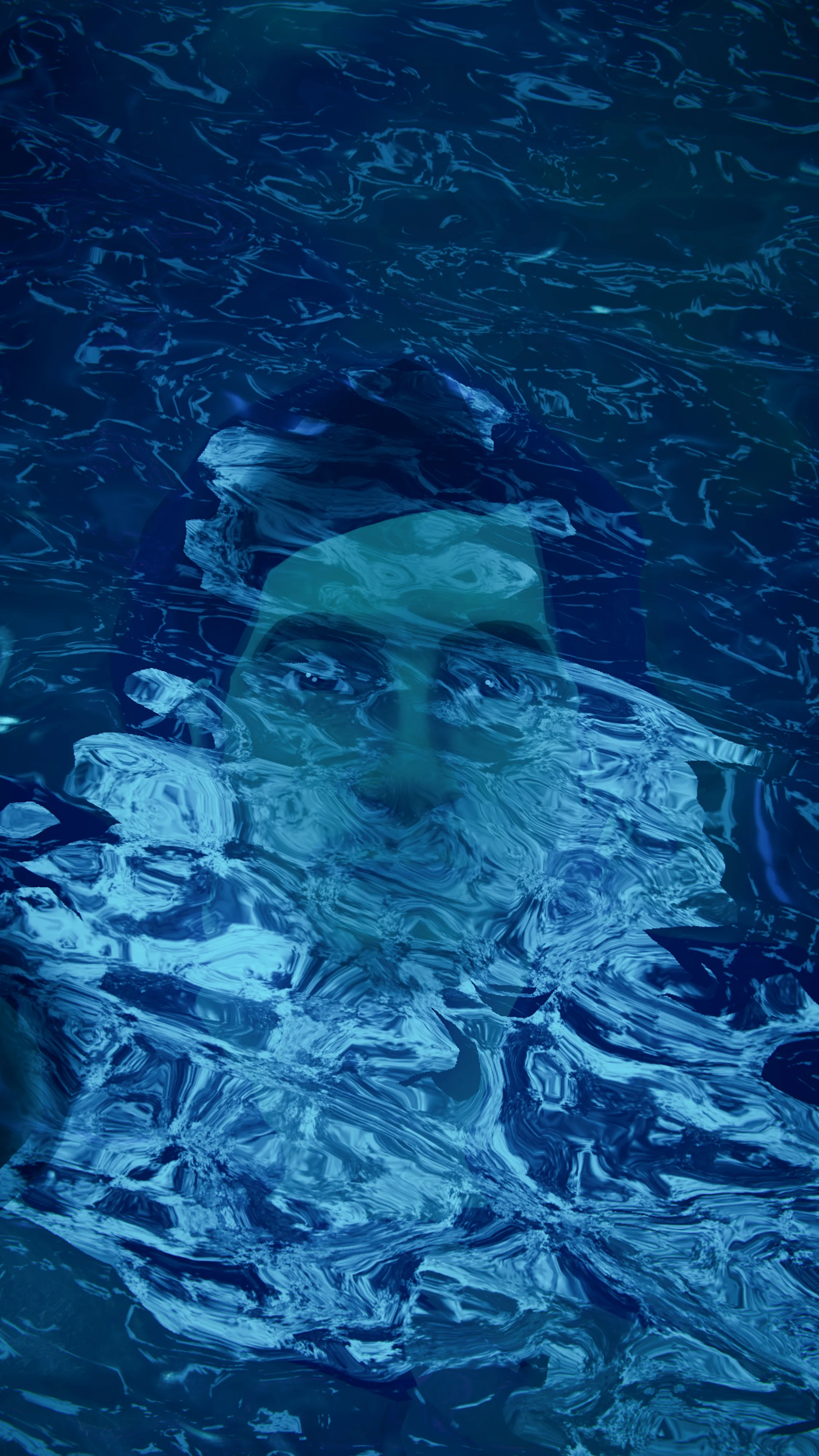 Self-portrait submerged in an iridescent lake in the Metaverse.  This project began with an assignment for National Geographic magazine documenting the metaverse and grew into many additional projects including this 100 self-portraits series, all made using an in world camera.  Photographed in VRChat in a world called Pandora Night built by Fins.