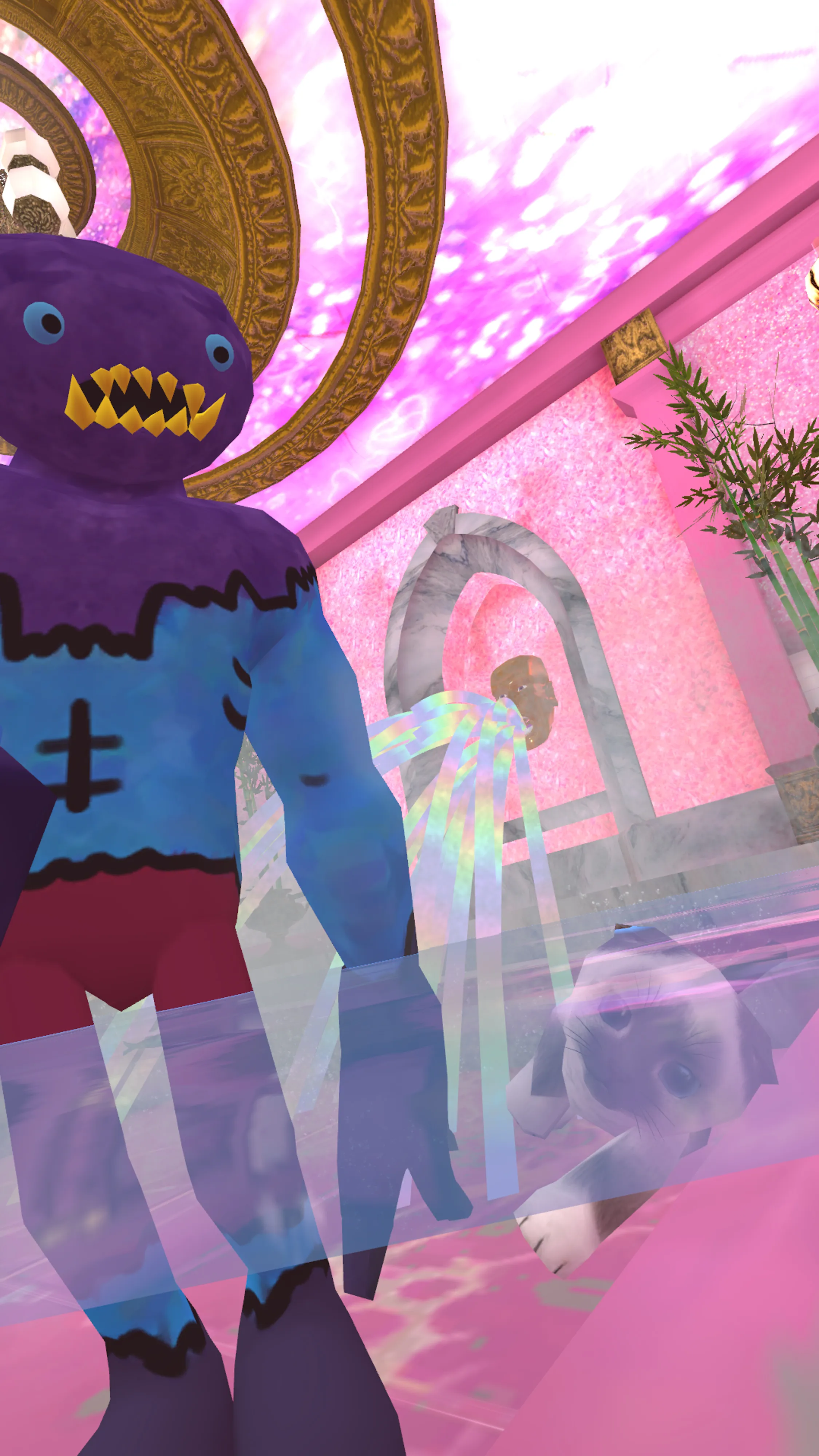 Self-portrait as a monster playing with kittens in VRChat in the BathHouse Utopia by Fionna.  This NFT has extra utility for the one who mints it (no secondary).  You will have access to a special discord channel on Obscura where you will be given options for one small group Metaverse meetup with me this year.  Come world hop with me!  We will be making photos and going to some of my favorite worlds together.  This project began with an assignment for National Geographic magazine documenting the metaverse and grew into many additional projects including this 100 self-portraits series, all made using an in world camera.