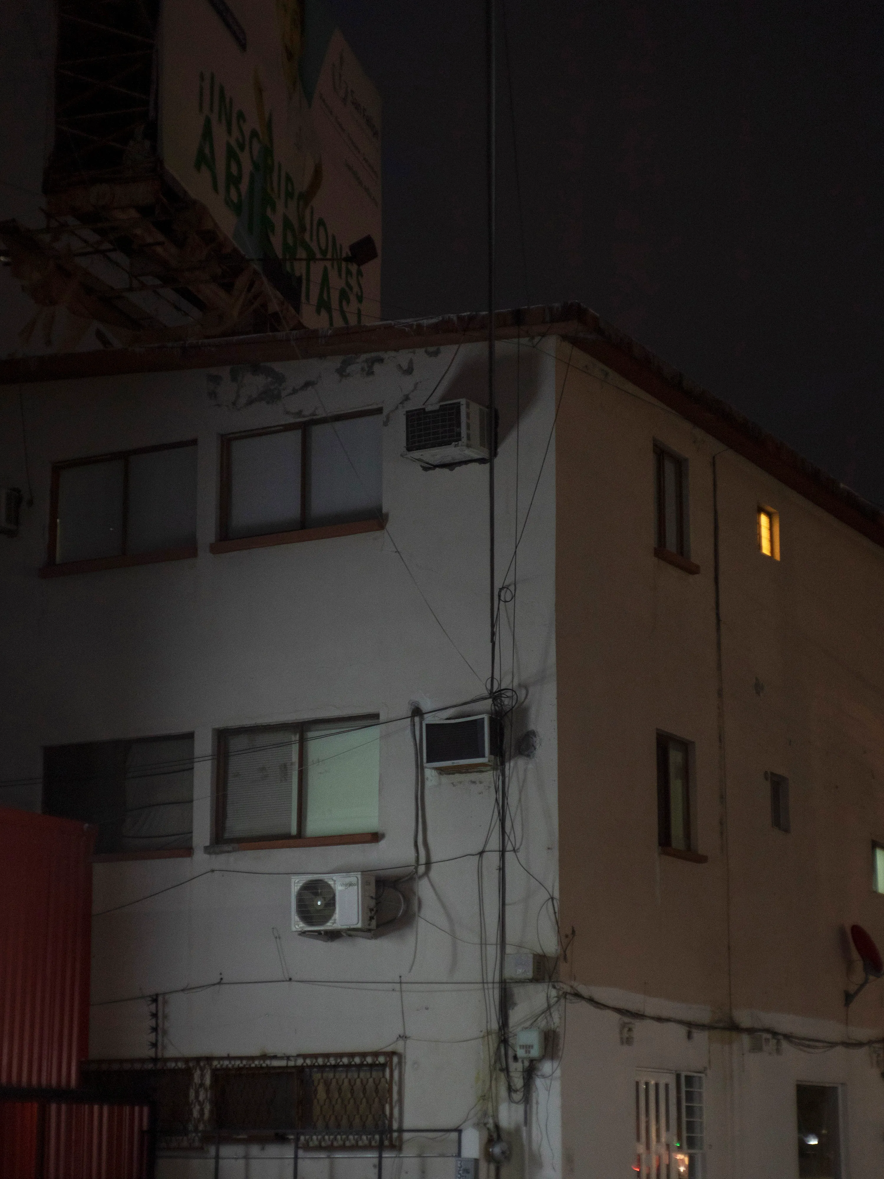 A building at night.