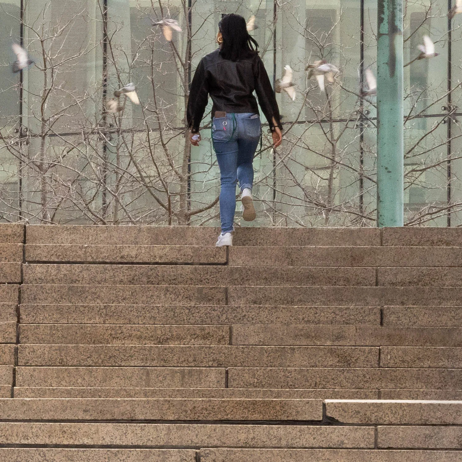 About an Hour: Down and Up (Government Center Steps, Boston, 3,120 exposures from 3:11 to 4:13 pm, March 20, 2022)

About an Hour is a series of photographs of a large staircase at Government Center, Boston. The project consists of two composite photos and 123 pendants derived from the main photo.  One main photo shows only people going down the stairs and facing the camera. The other main photo shows only people going up the stairs with their backs to the camera. The pendants show each figure in isolation, and they are named by the moment I tripped the shutter. The main composites make a generalization. The pendants show the particular.

Each figure in the photos remains in its real, original place. I change nothing. I simply decide what to keep in and what to leave out. The result is both a true record of an hour and an interpretation of it. The camera simply records what’s in front of it, and the moments couldn’t be more ordinary. But to my way of thinking, no one moment is ever typical or repeatable. Each moment holds a mystery, some poetry, some comedy--and lots of tragedy because it is gone as soon as it arrives. The camera can’t arrest the tragedy, of course, but it preserves the mystery.

