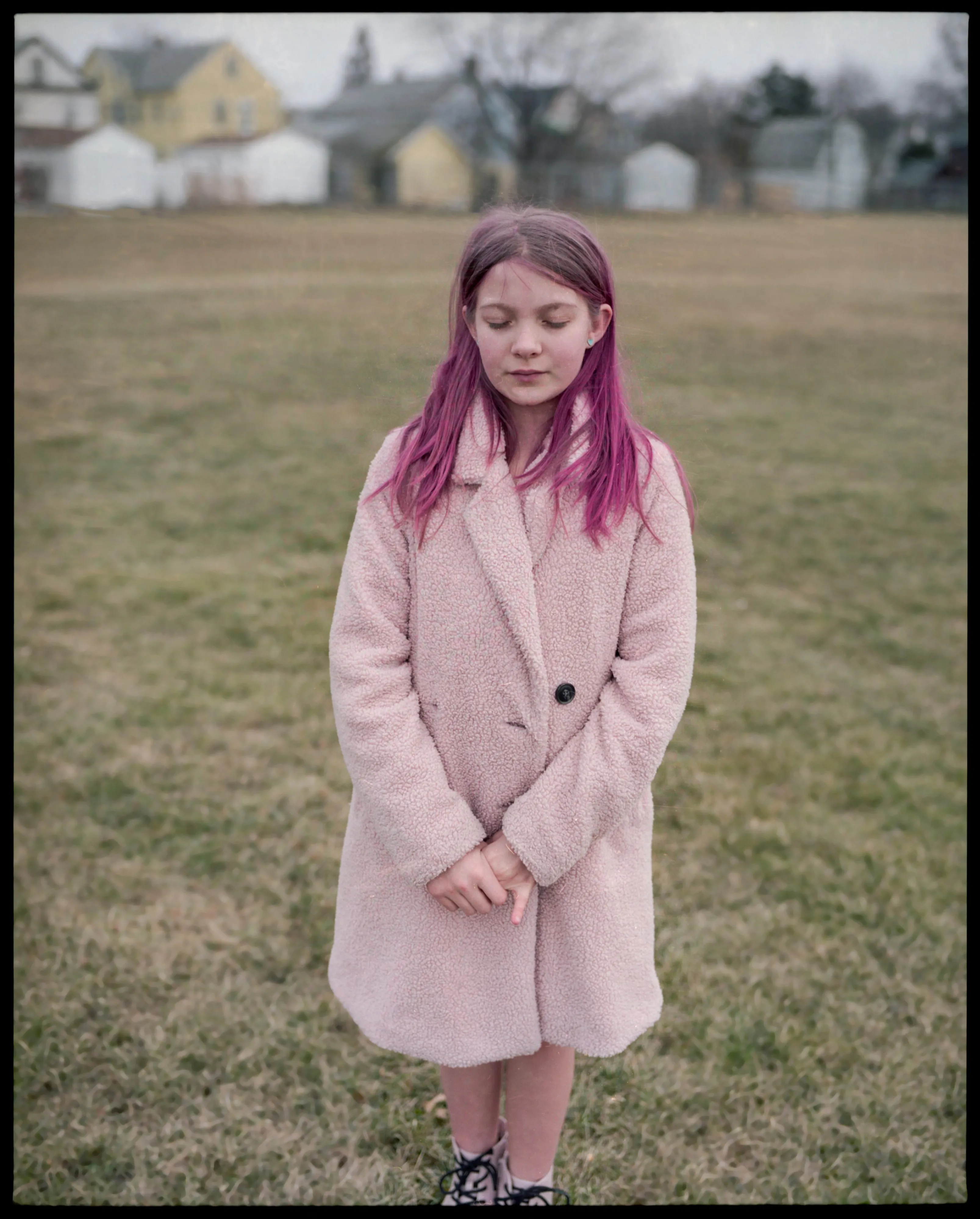 These pictures were made in and around Buffalo, New York, where I grew up. They were made on medium-format film, printed as analog contact sheets and then scanned on a flatbed scanner.  This process creates occasional dust, imperfections and a sense of softness to the image.