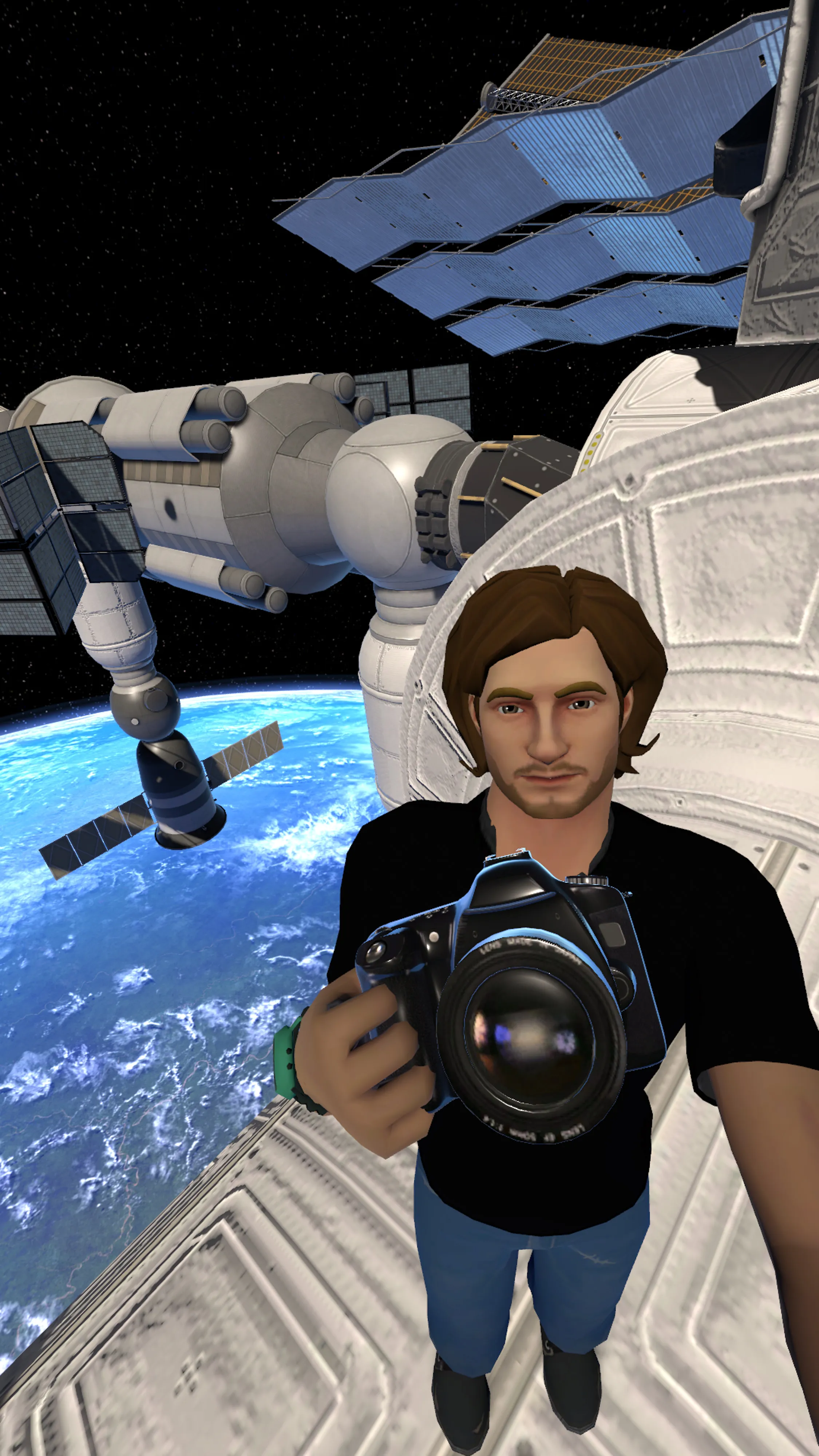 Self-portrait with my metaverse camera on the International Space Station.  This project began with an assignment for National Geographic magazine documenting the metaverse and grew into many additional projects including this 100 self-portraits series, all made using an in world camera.  Taken in VRChat in a world by Baxega.