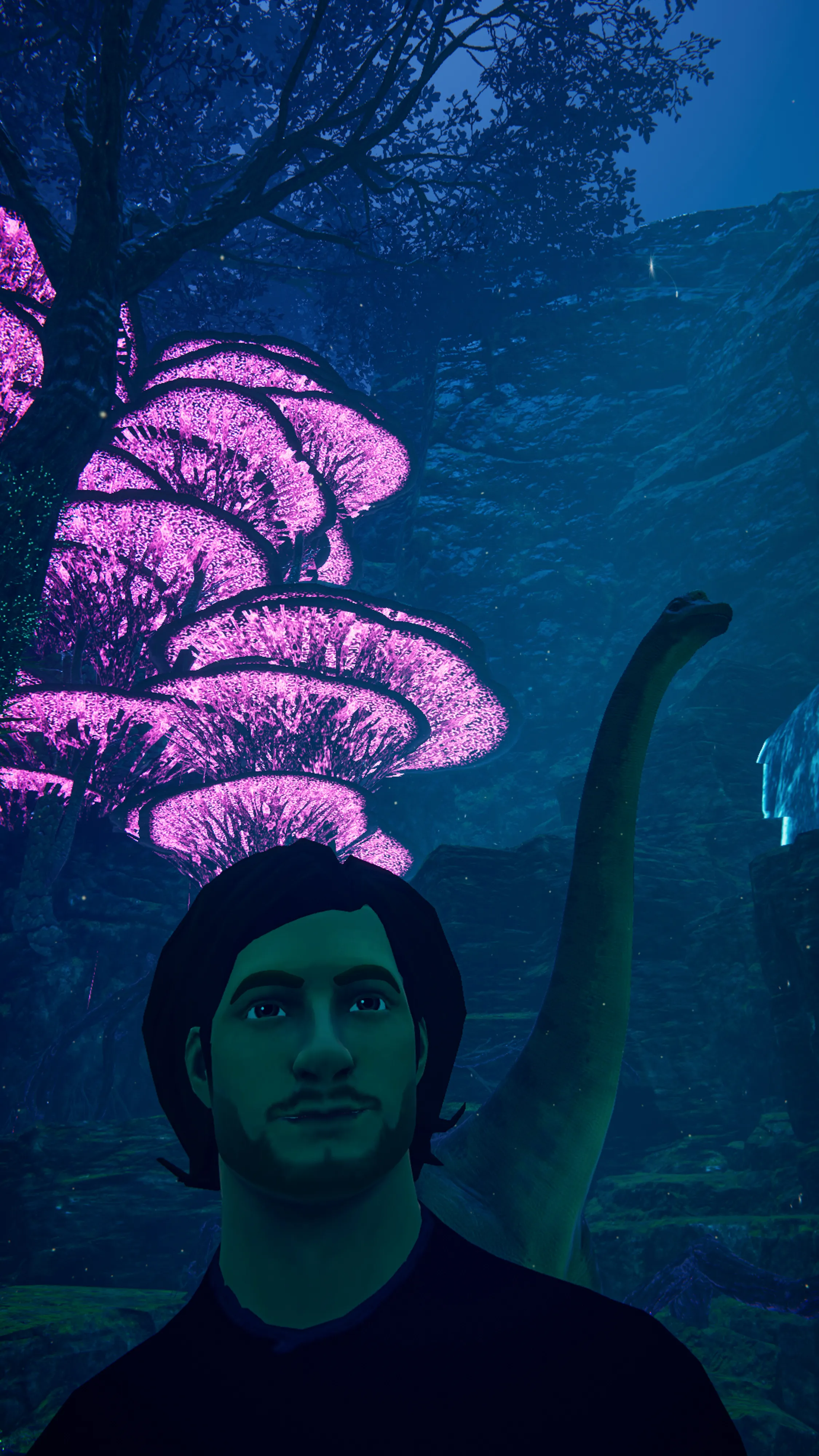 Self-portrait with a Brontosaurus at nighttime in a world that glows in the dark  in the Metaverse.  This project began with an assignment for National Geographic magazine documenting the metaverse and grew into many additional projects including this 100 self-portraits series, all made using an in world camera.  Photographed in VRChat in a world called Pandora Night built by Fins.
