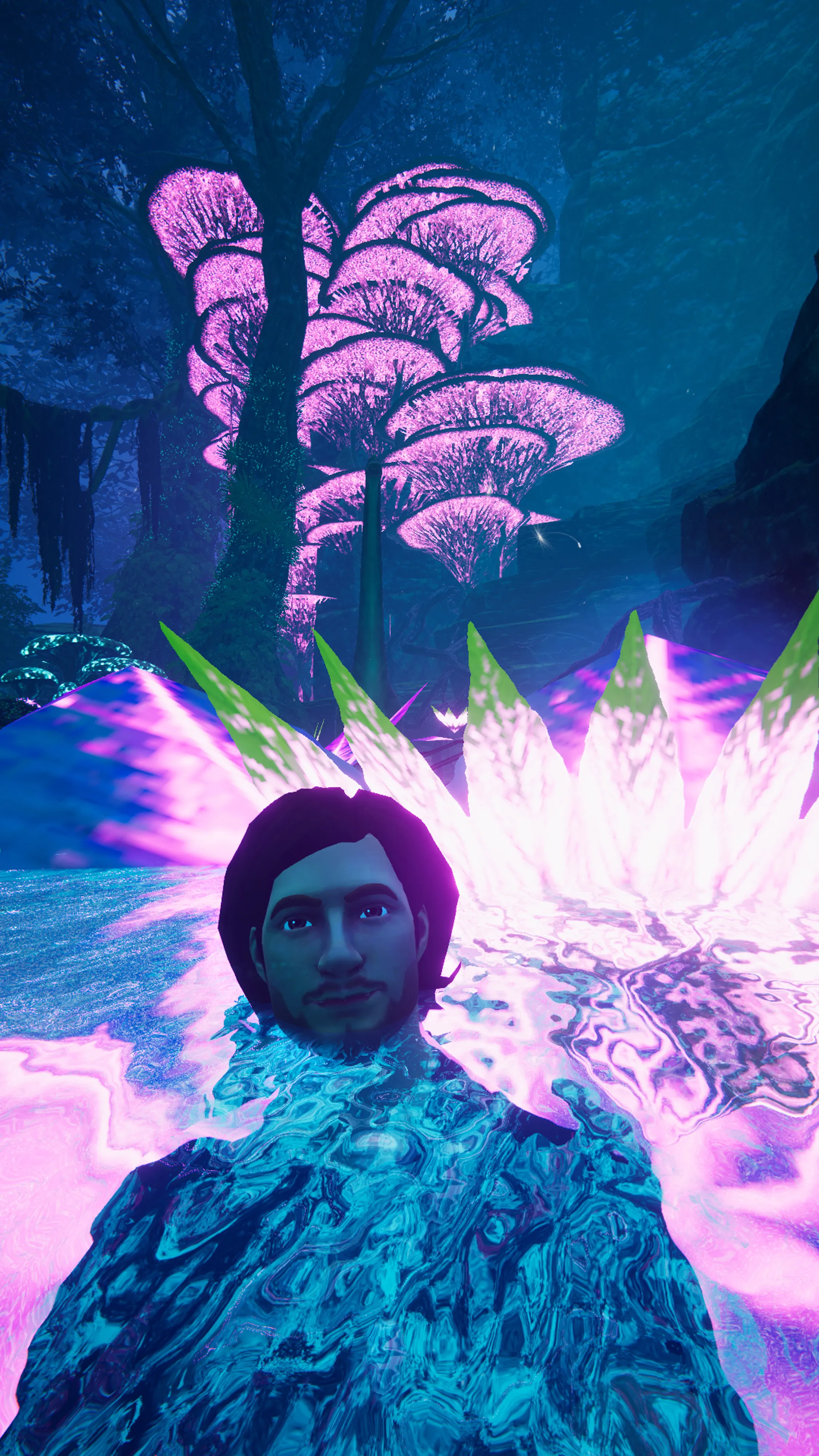 Self-portrait submerged in an iridescent lake in the Metaverse.  This project began with an assignment for National Geographic magazine documenting the metaverse and grew into many additional projects including this 100 self-portraits series, all made using an in world camera. Photographed in VRChat in a world called Pandora Night built by Fins.
